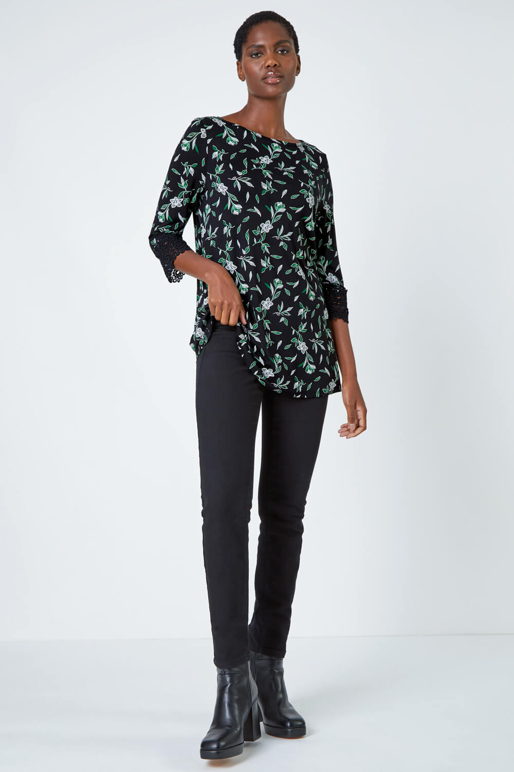 Green Floral Print Lace Detail Stretch Top, Image 2 of 5