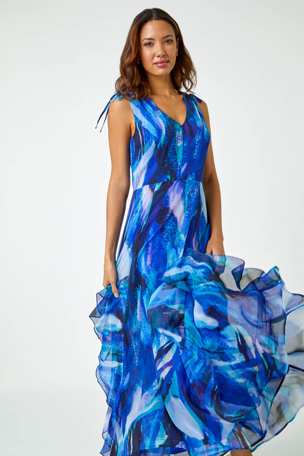 Blue Sleeveless Abstract Print Maxi Dress , Image 4 of 5