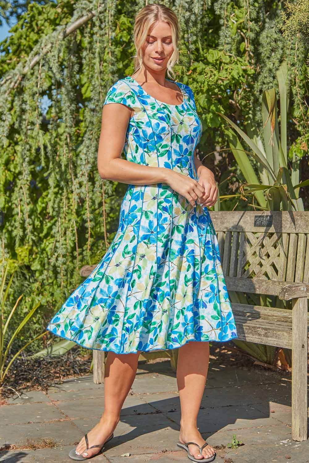 Floral Garden Print Panel Dress in Blue & Green - Roman Originals UK