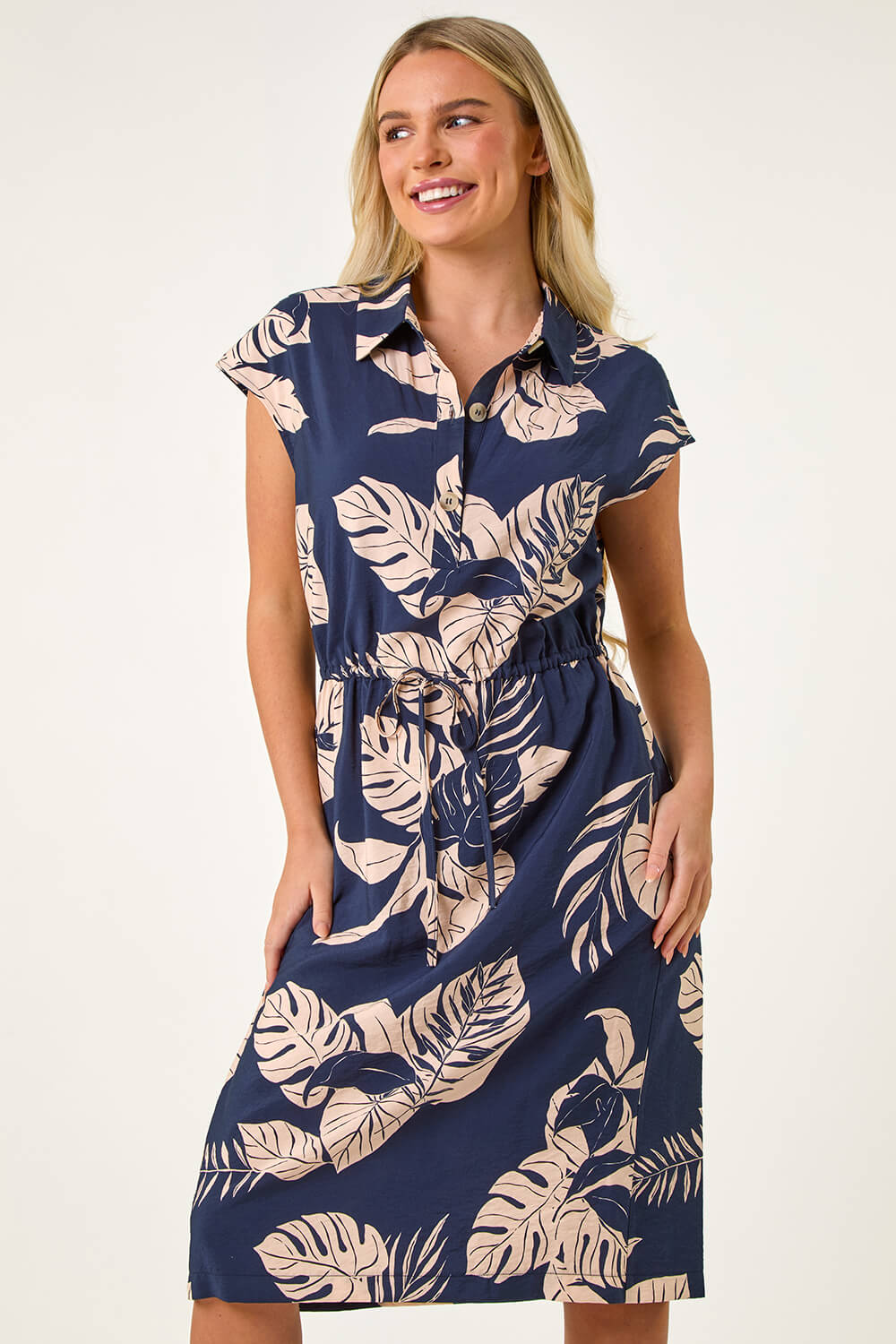 Navy  Petite Tropical Waist Detail Shirt Dress, Image 2 of 5