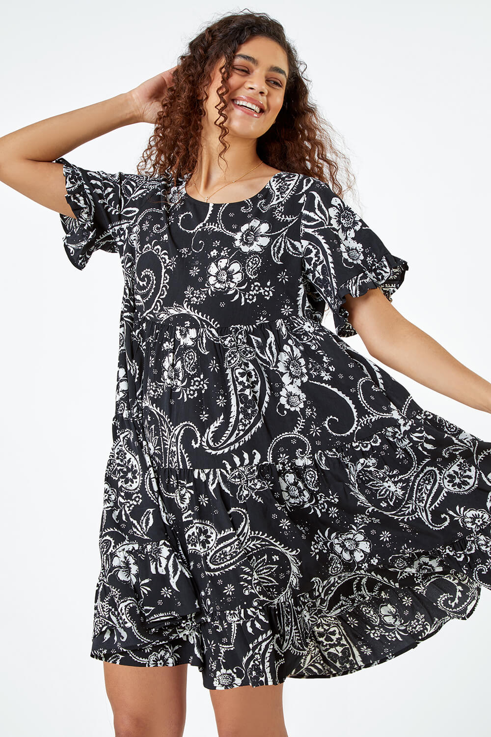 Black Paisley Floral Tiered Smock Dress, Image 4 of 5