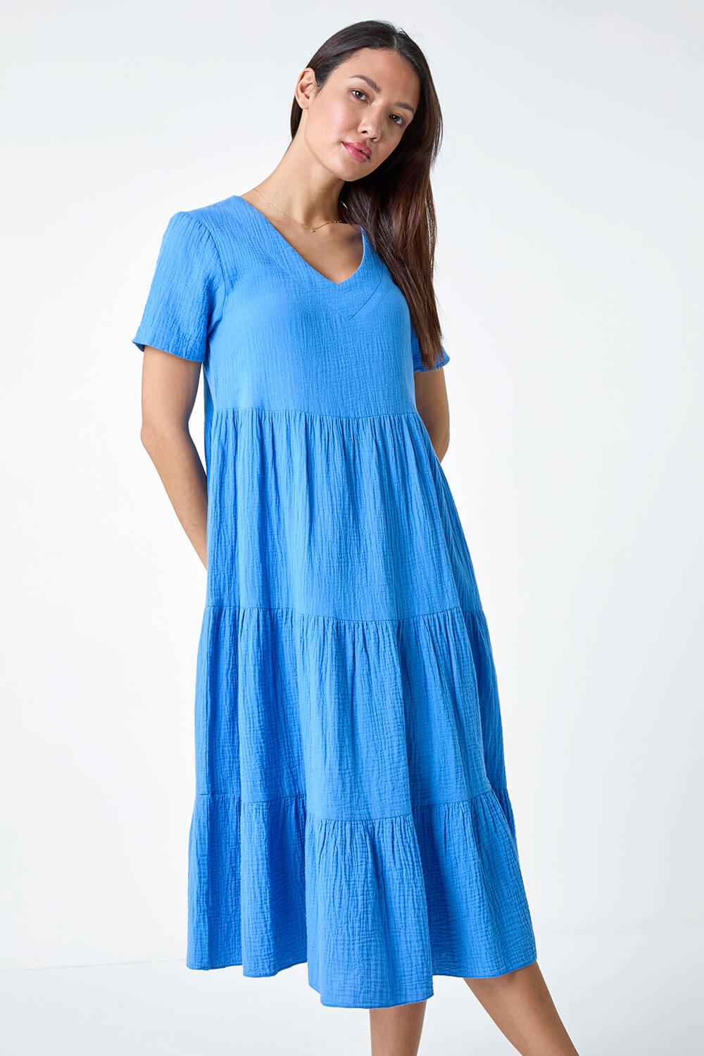 Blue Cotton Textured Tiered Midi Dress, Image 4 of 6