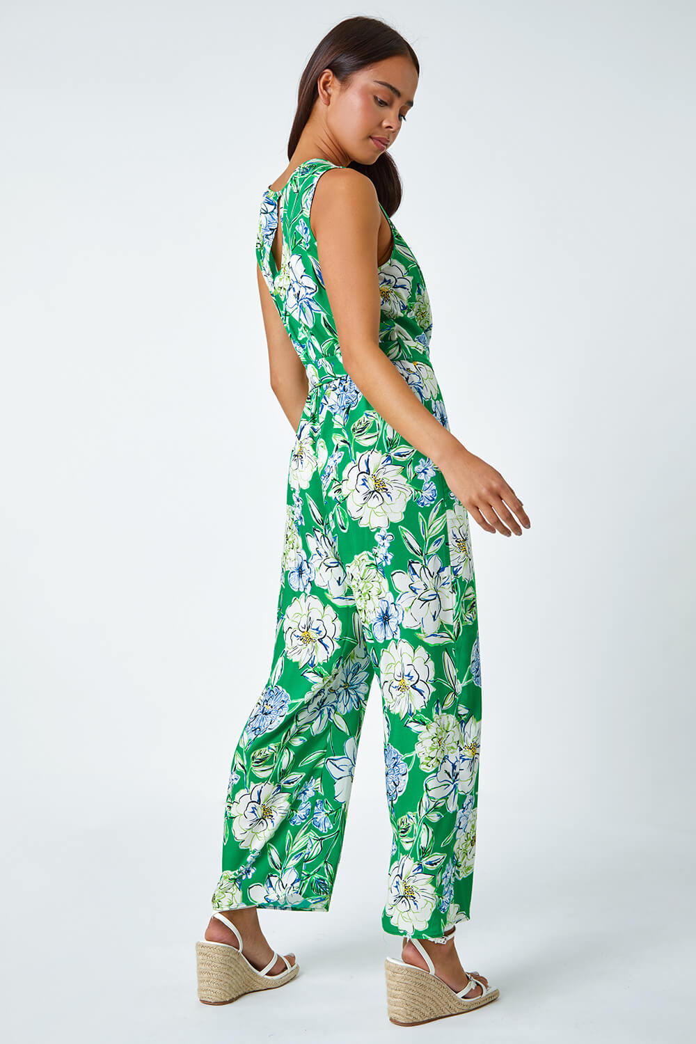 Green Petite Floral Stretch Wrap Jumpsuit, Image 3 of 5