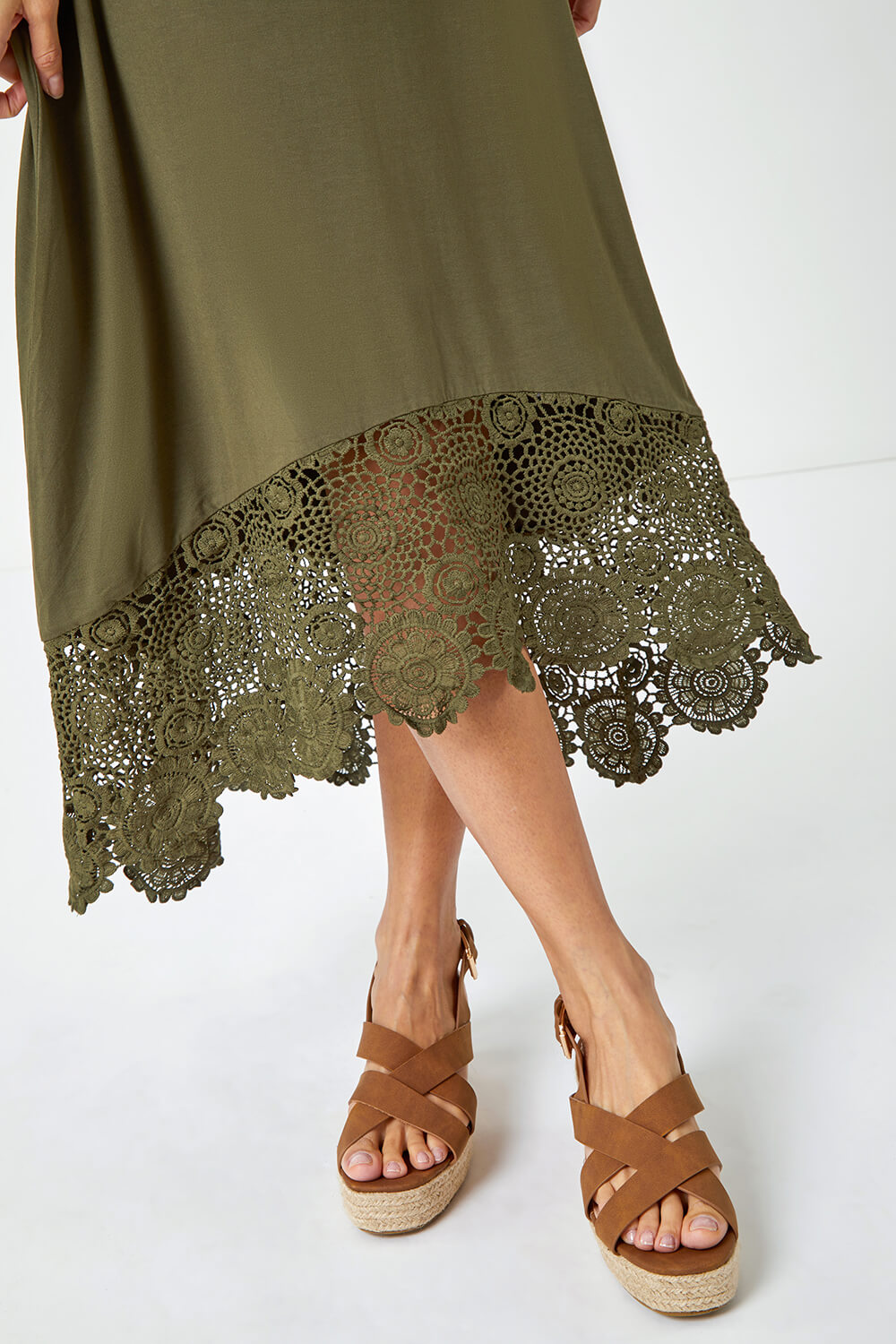 KHAKI Sleeveless Crochet Hem Midi Dress, Image 5 of 5