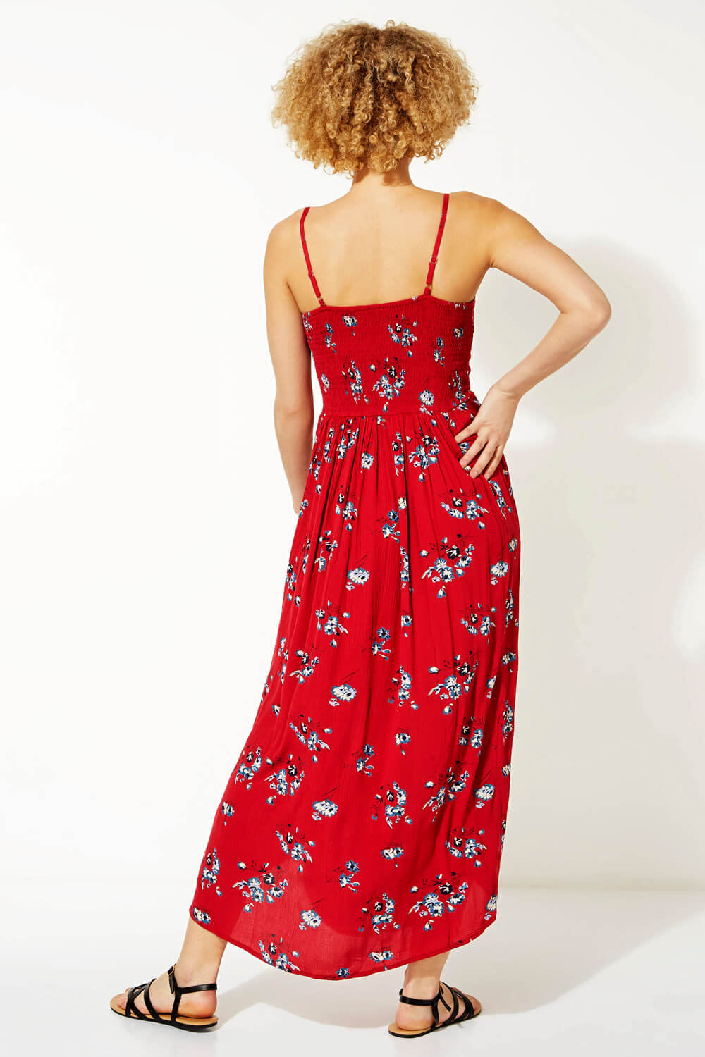 Red Strappy Shirred Floral Midi Dress, Image 3 of 4