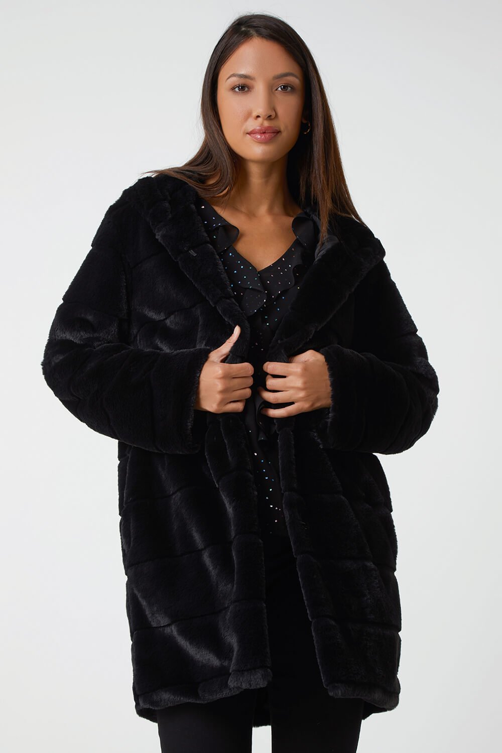 Black Faux Fur Hooded Longline Coat, Image 4 of 6