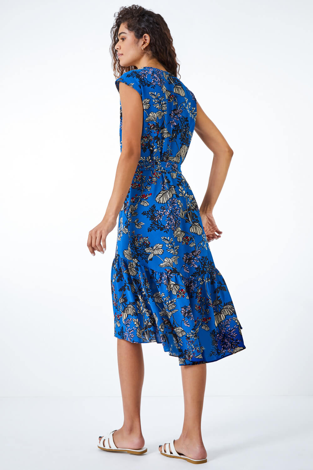 Blue Floral Print Dipped Hem Dress, Image 3 of 5