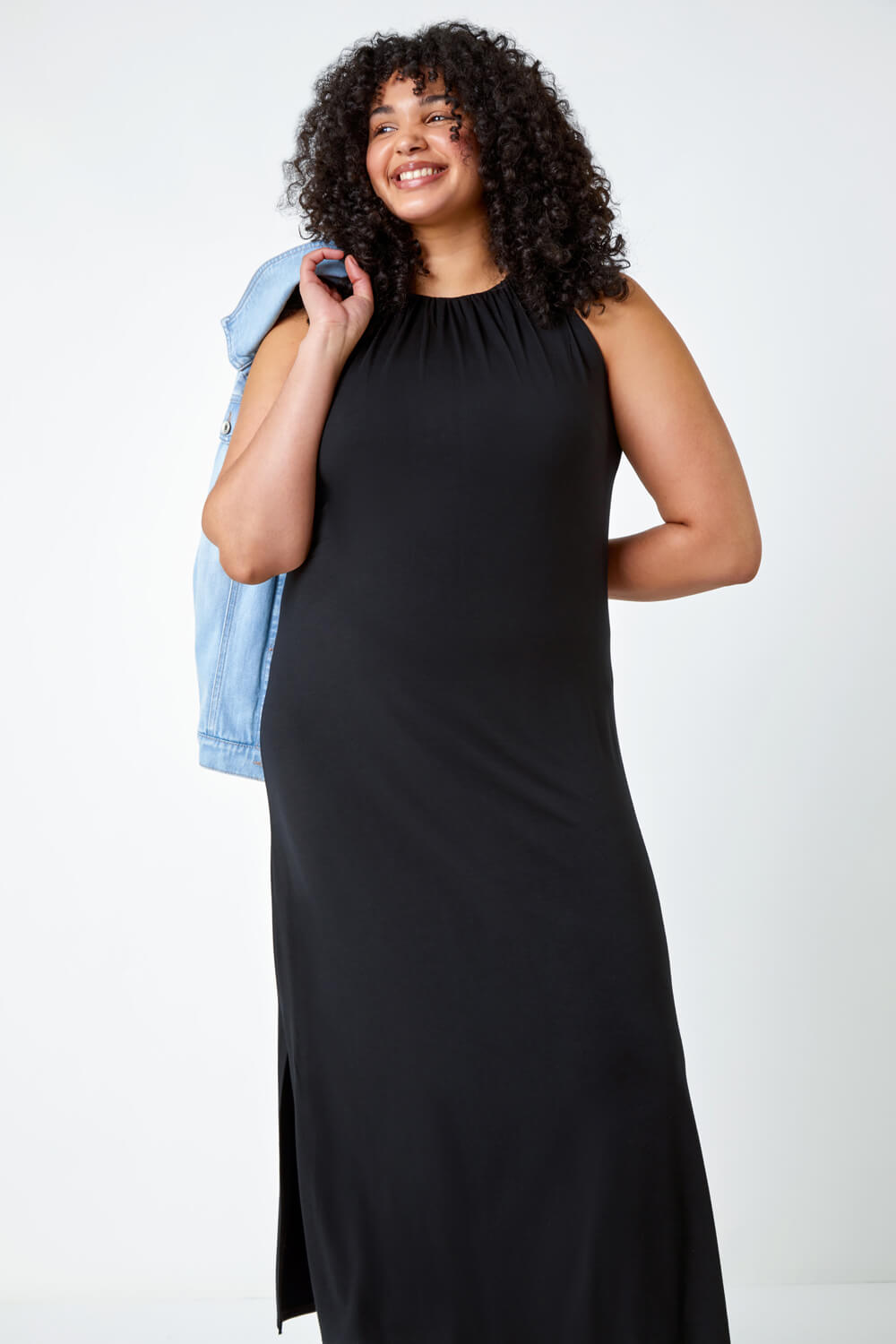 Black Curve Plain Stretch Jersey Maxi Dress, Image 2 of 6
