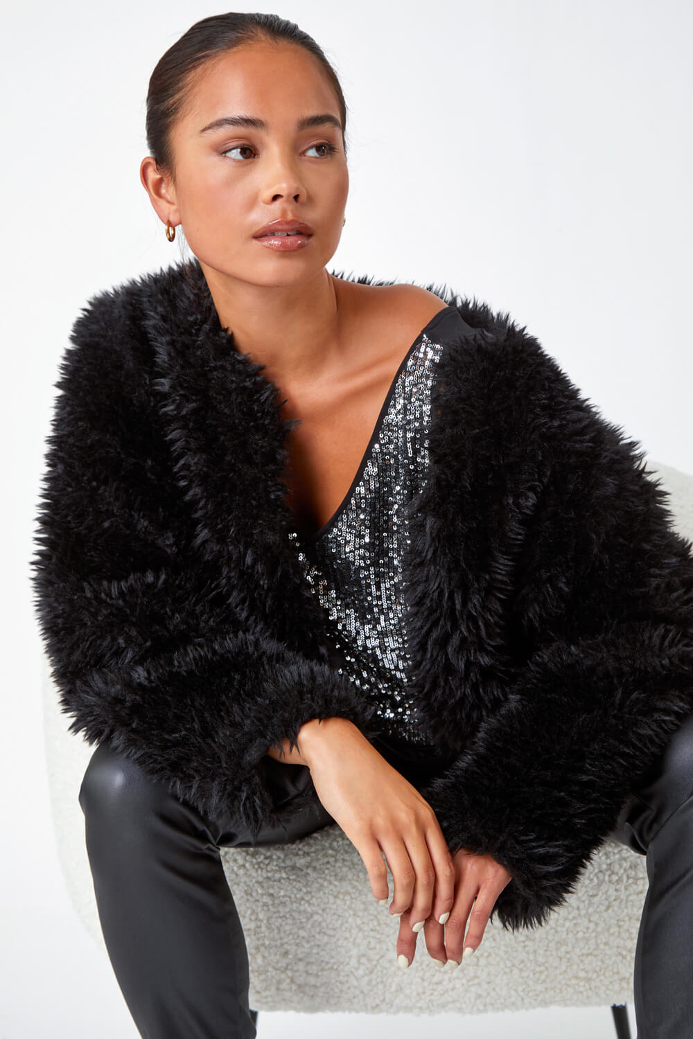 Black Petite Faux Fur Coat, Image 1 of 5