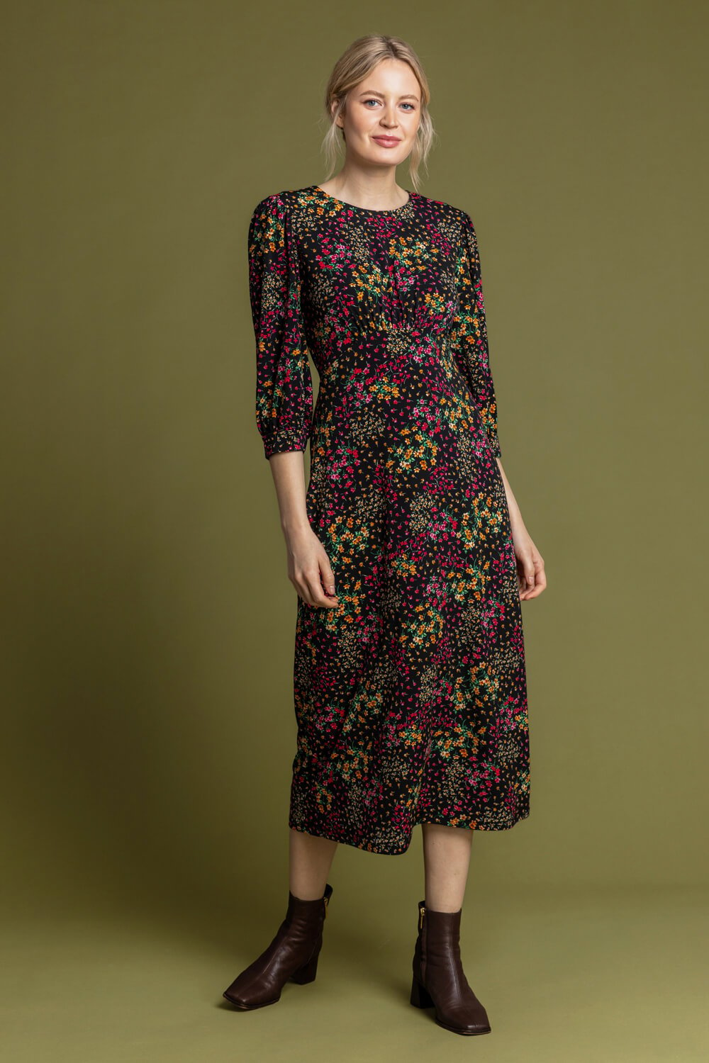 Black Patched Floral Print Midi Dress | Roman UK