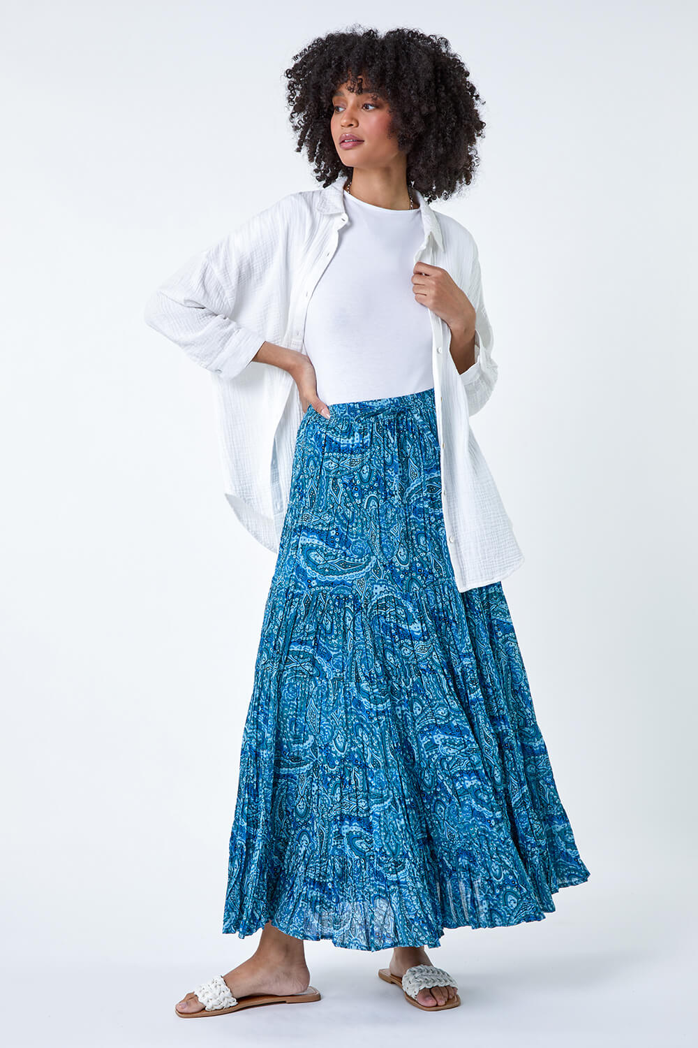 Blue Paisley Crinkle Cotton Tiered Maxi Skirt, Image 2 of 5