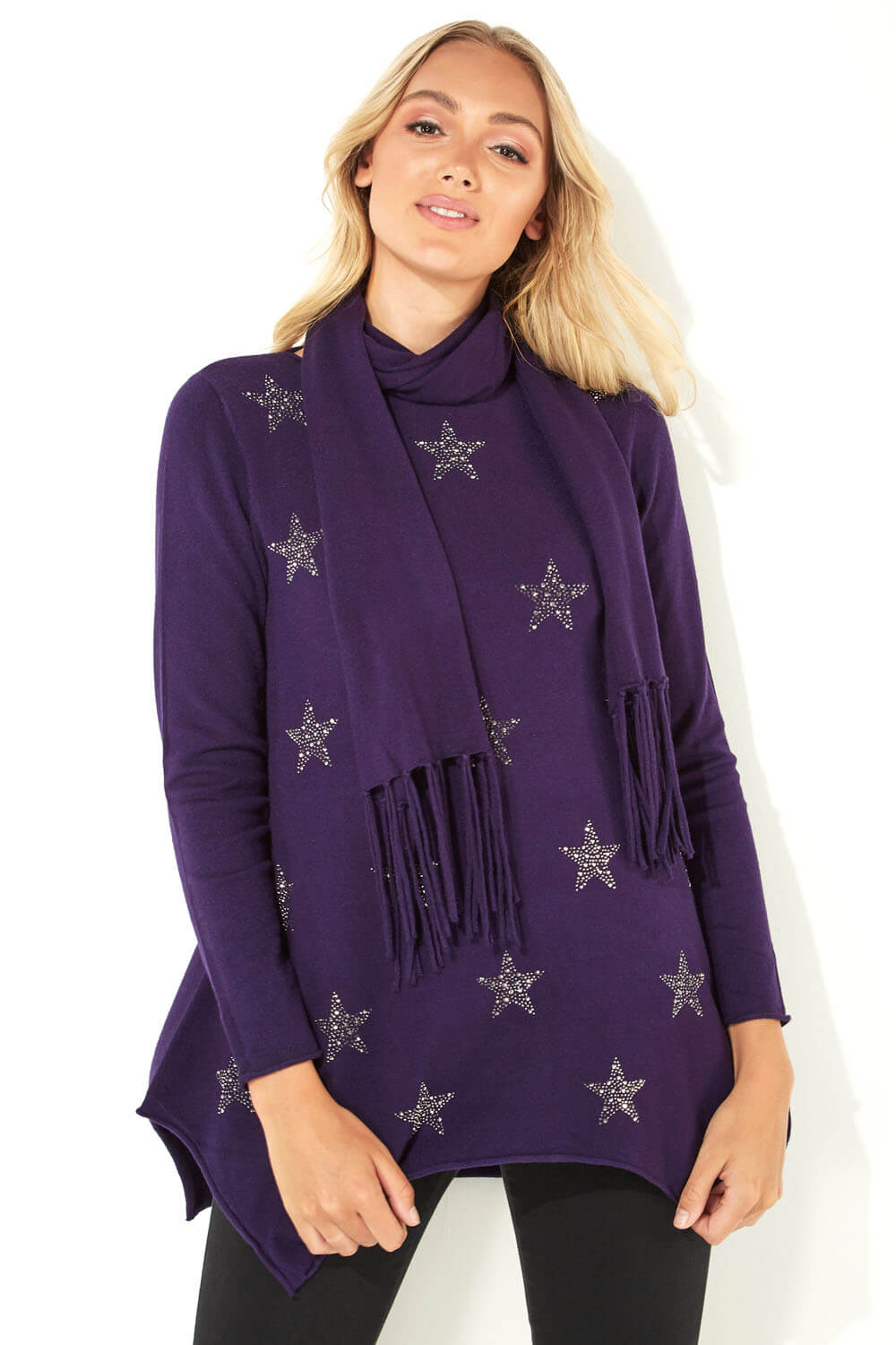 Purple Star Print Knitted Tunic with Scarf, Image 2 of 5