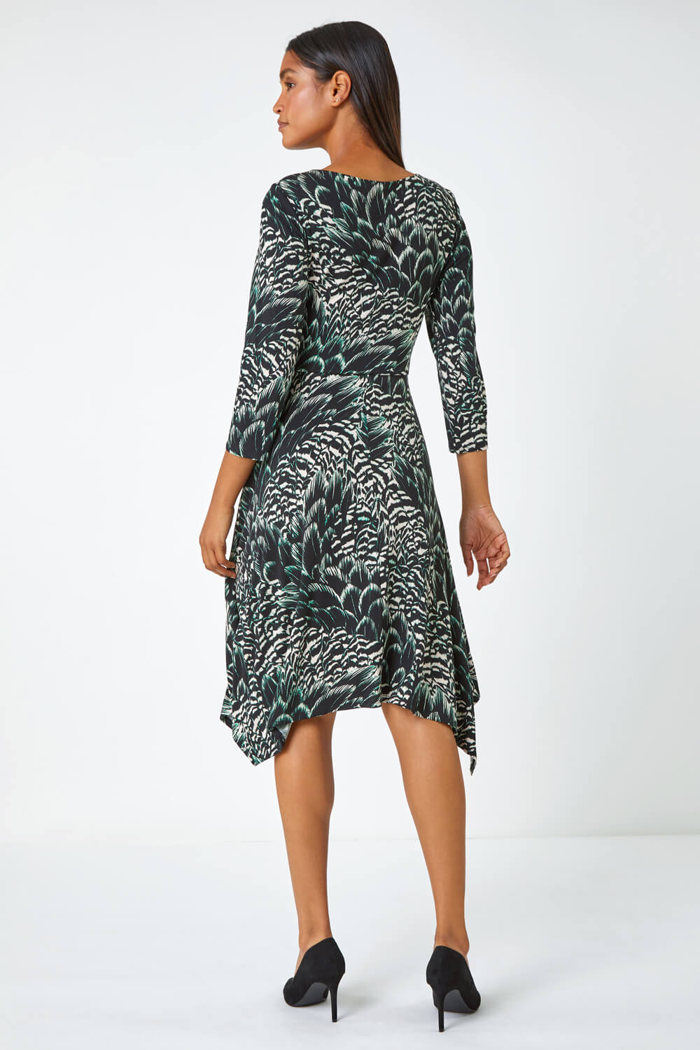 Black Abstract Print Tie Waist Stretch Dress , Image 3 of 5