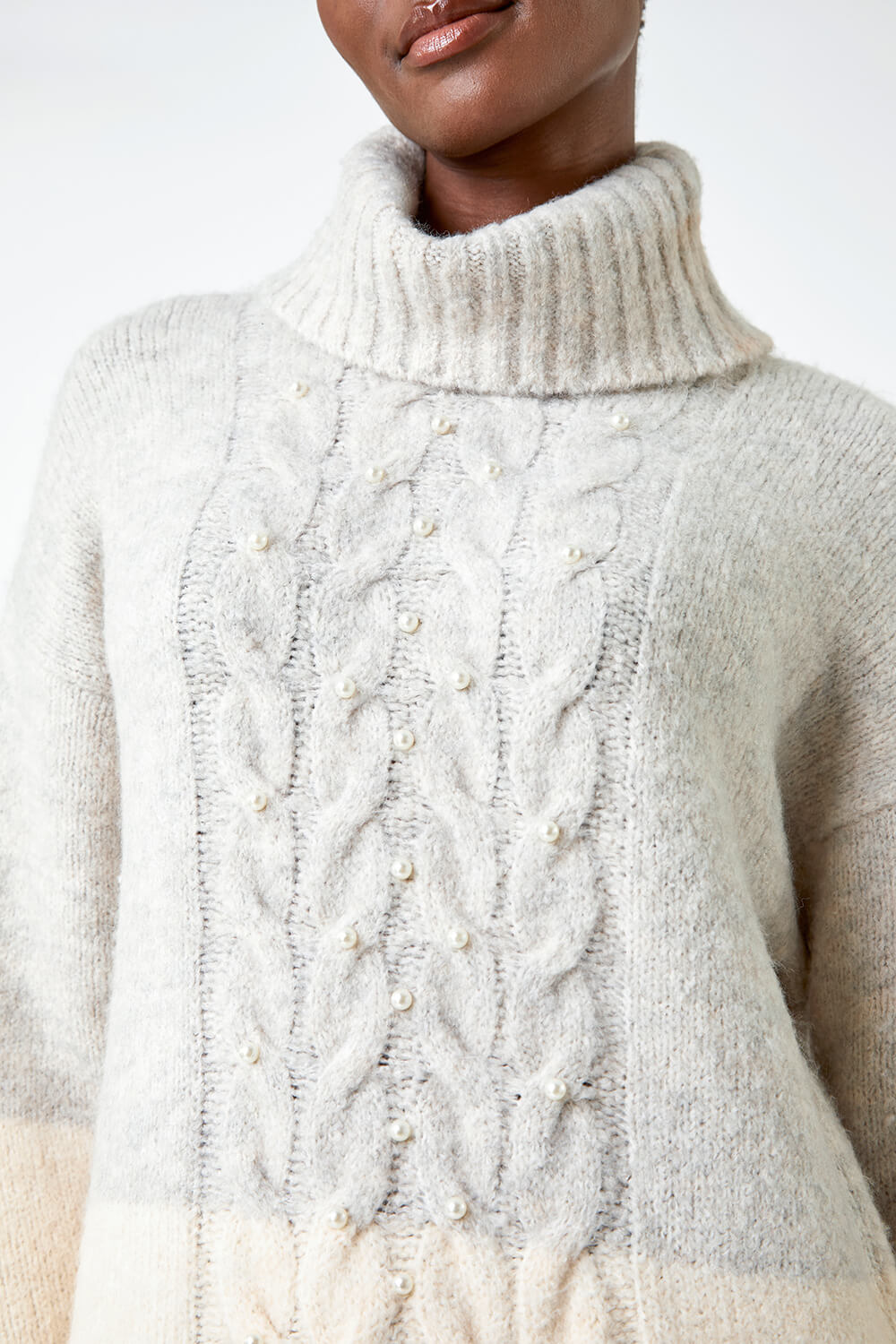 Grey Pearl Cable Knit Longline Stretch Jumper | Roman UK