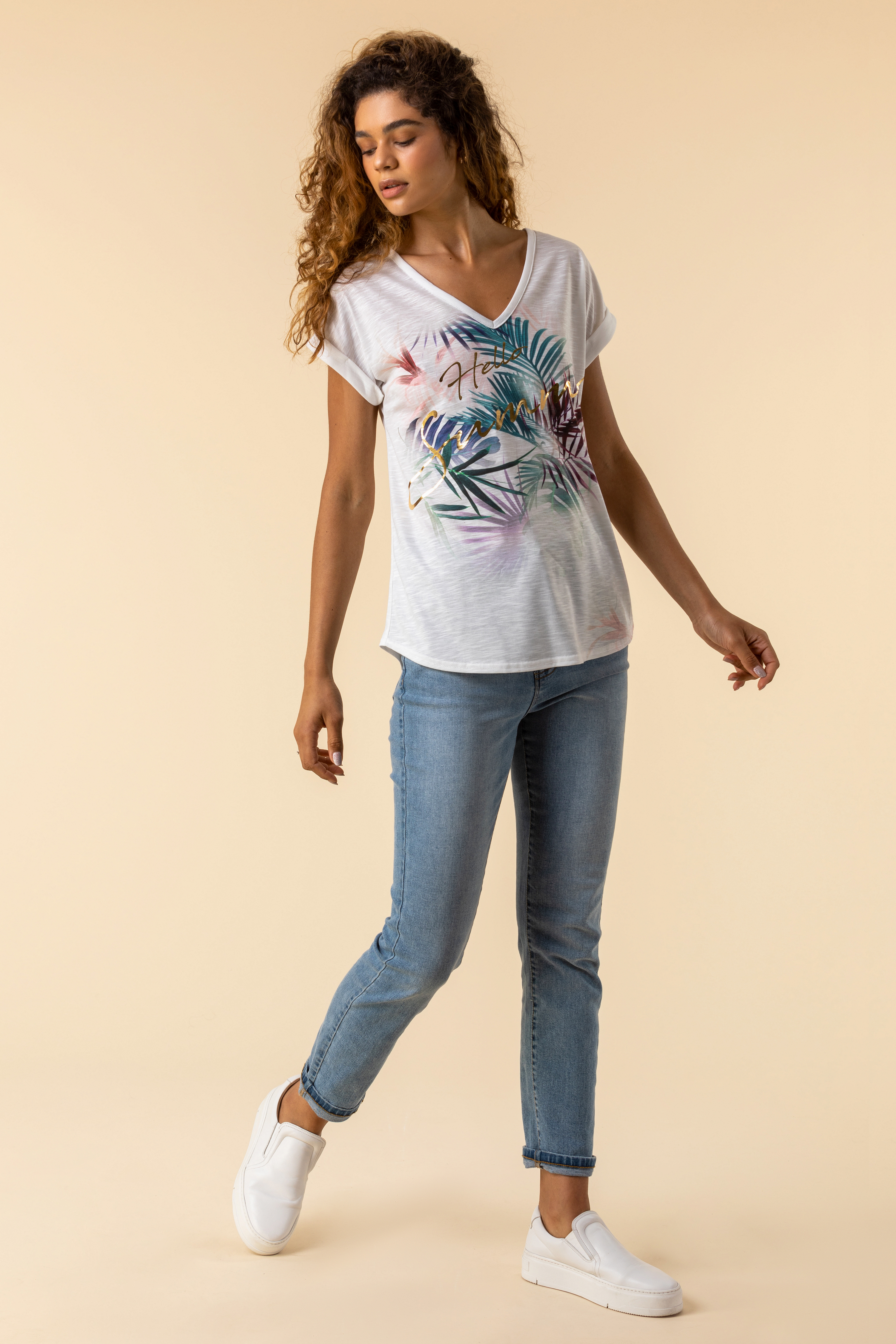 Ivory  Tropical Foil Print T-Shirt, Image 3 of 4