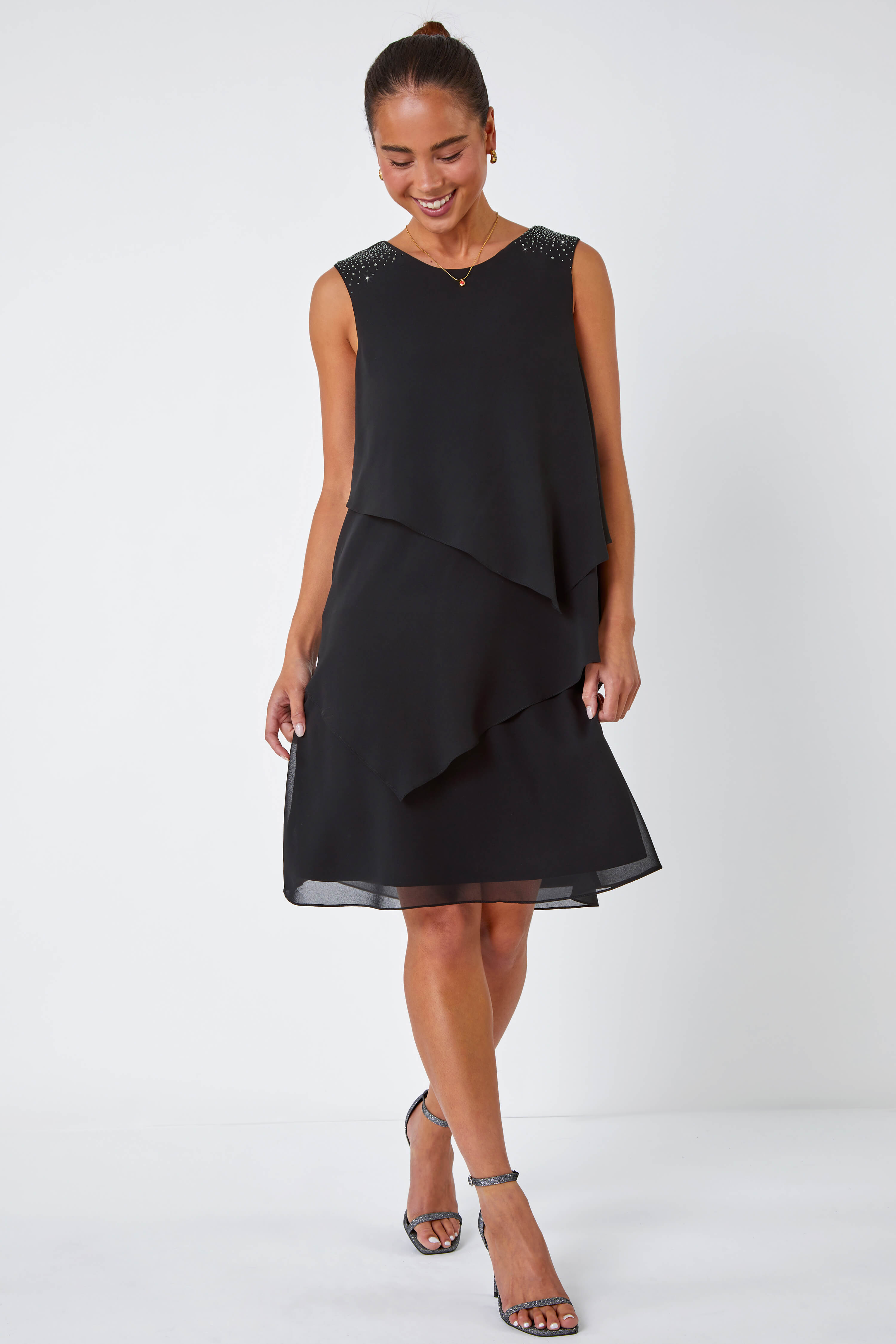Black Petite Embellished Chiffon Tiered Shift Dress, Image 3 of 5