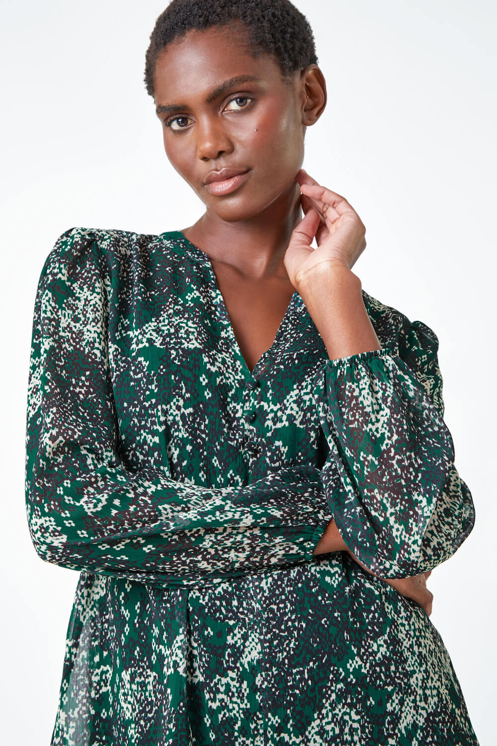 Green Animal Print Button Front Blouse, Image 4 of 5