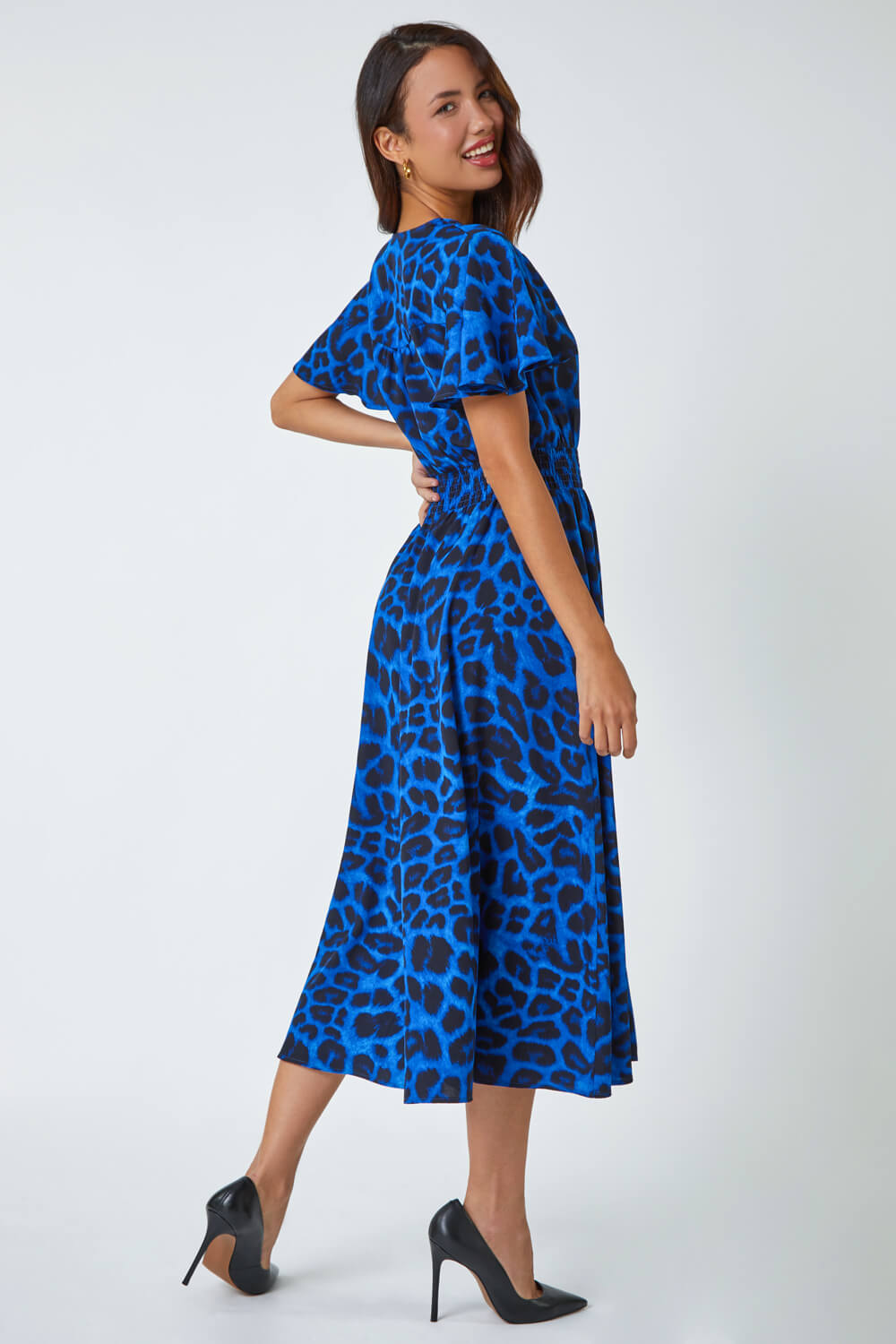 Royal Blue Leopard Print Midi Stretch Dress, Image 3 of 5