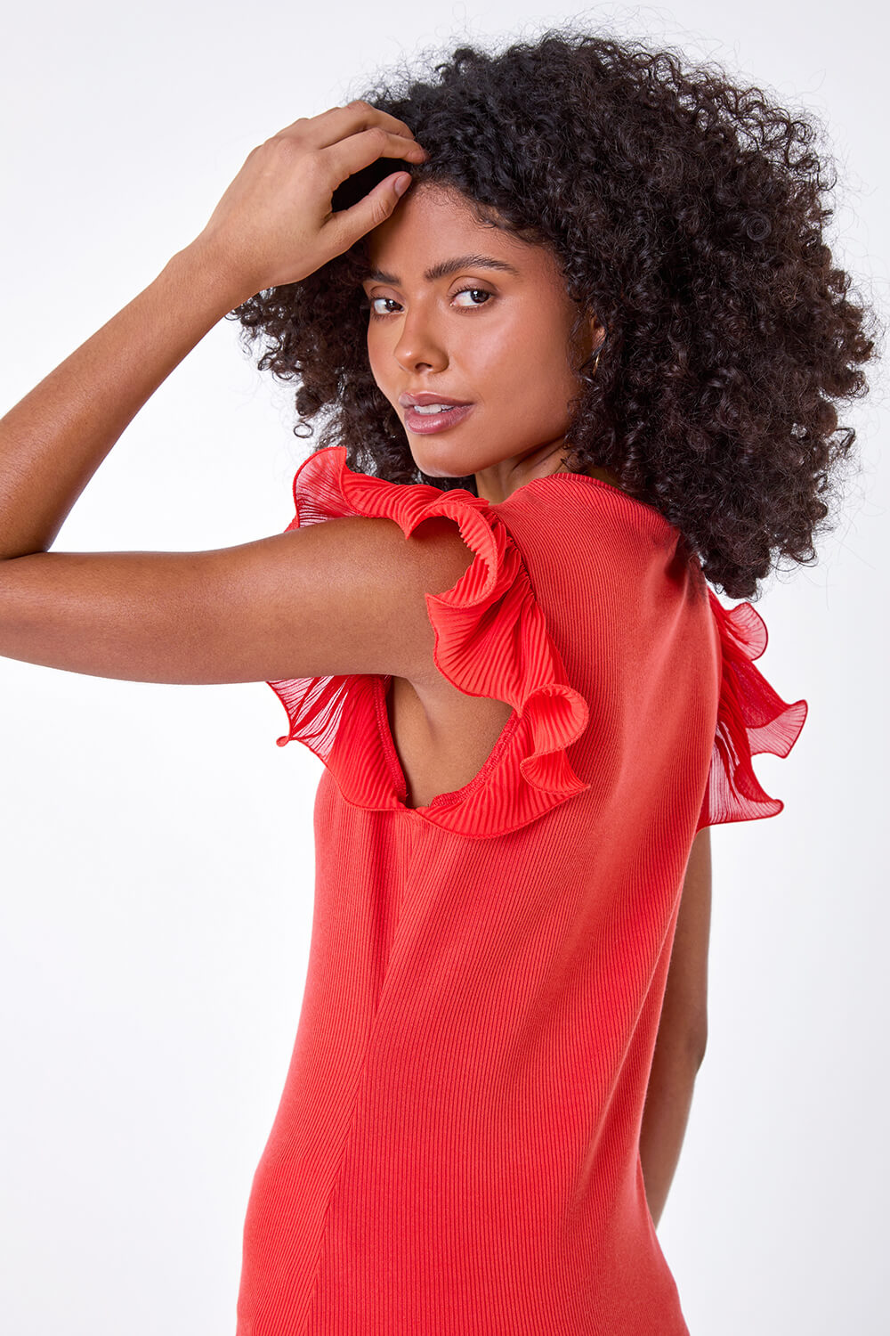 Red Ribbed Stretch Frill Detail Top, Image 4 of 5