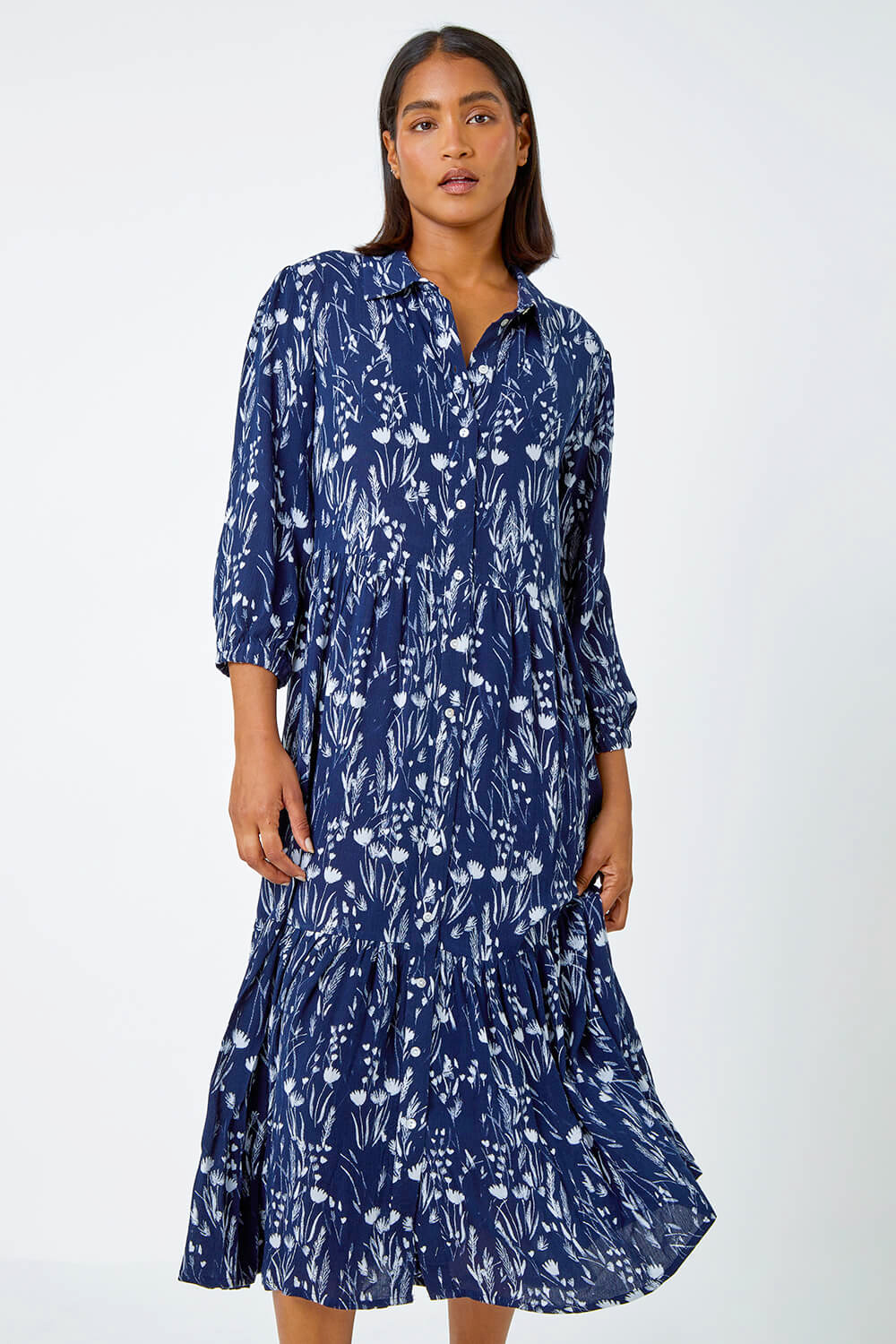 Navy  Floral Print Midi Shirt Dress, Image 5 of 5