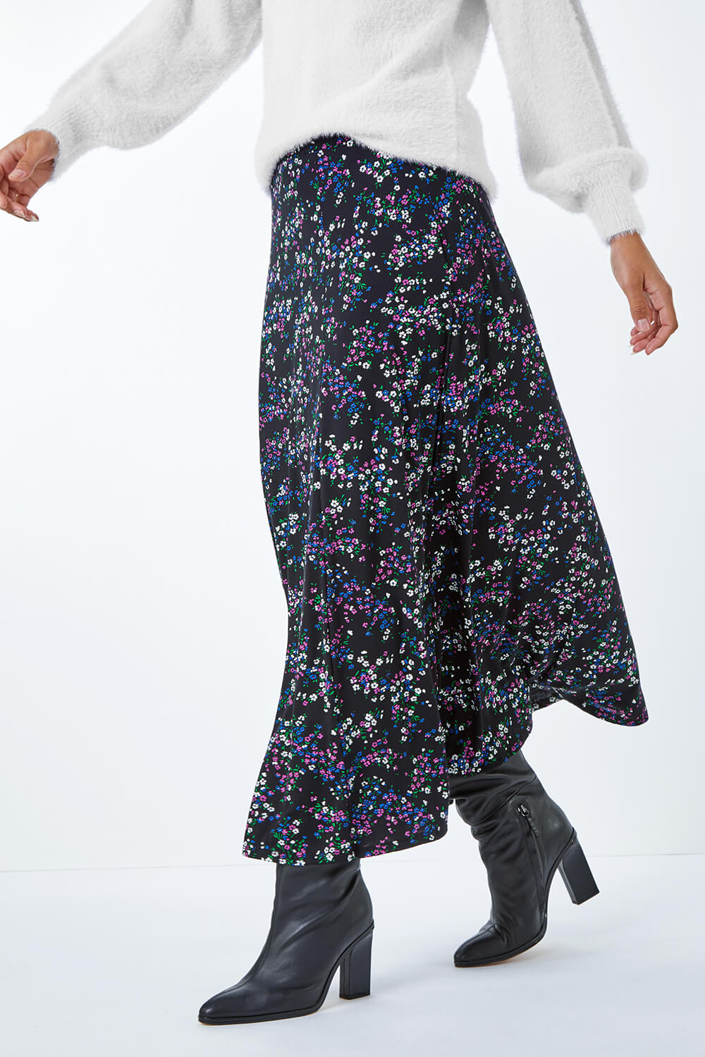 Black Ditsy Floral Stretch Midi Skirt, Image 4 of 5