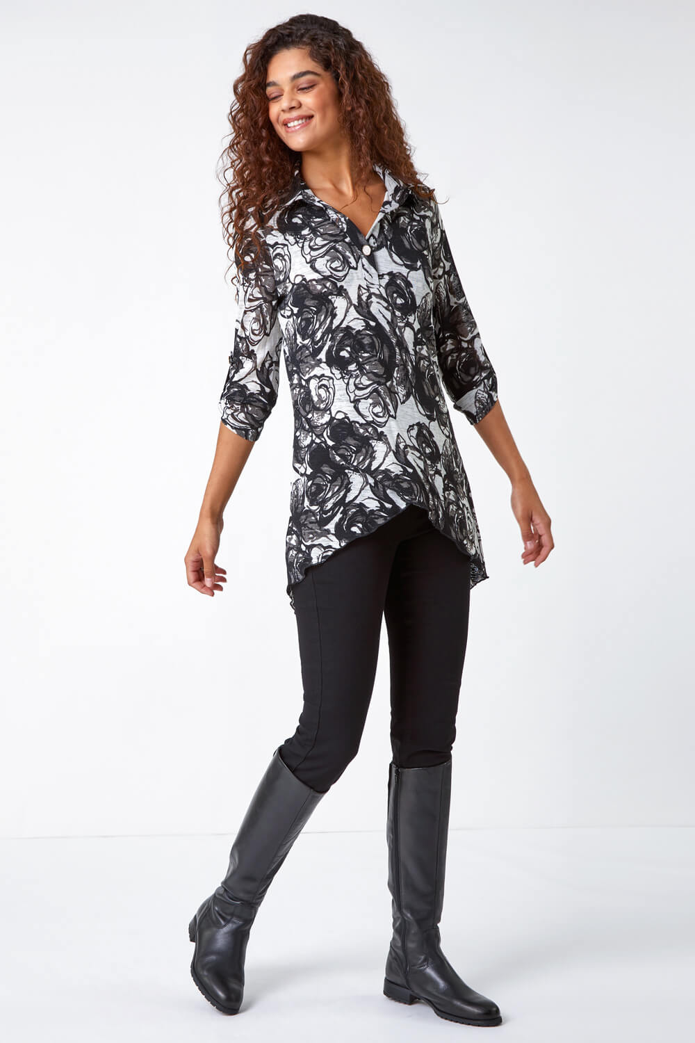 Black Floral Print Collared Stretch Top, Image 2 of 5