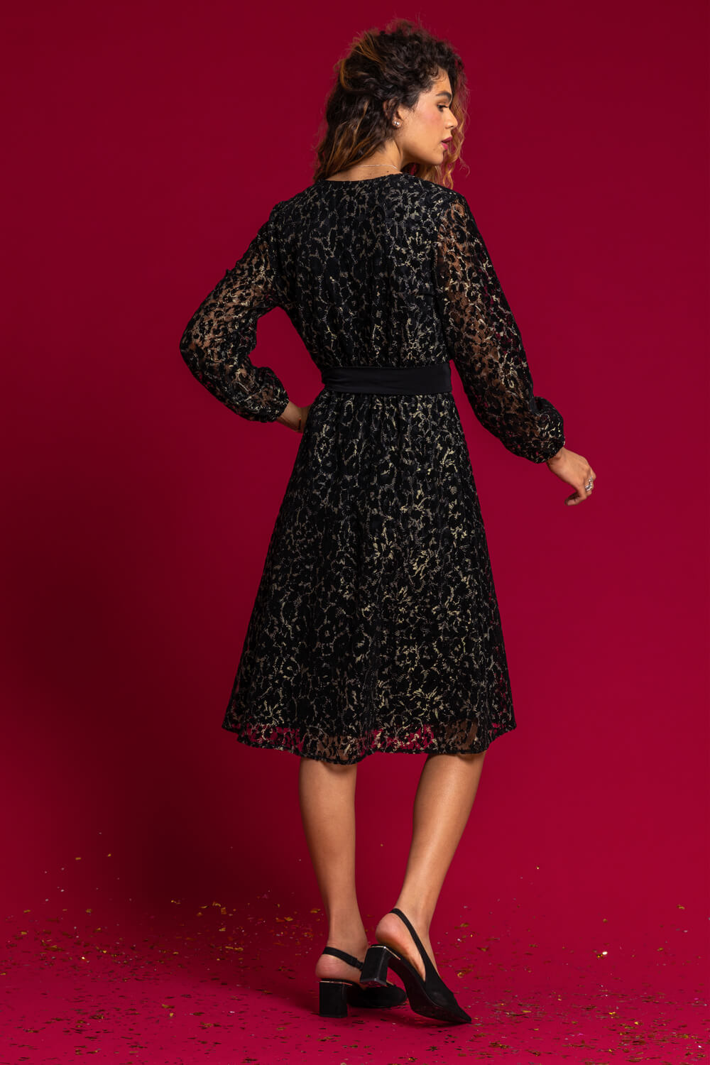 Black Shimmer Leopard Print Lace Wrap Dress, Image 2 of 5