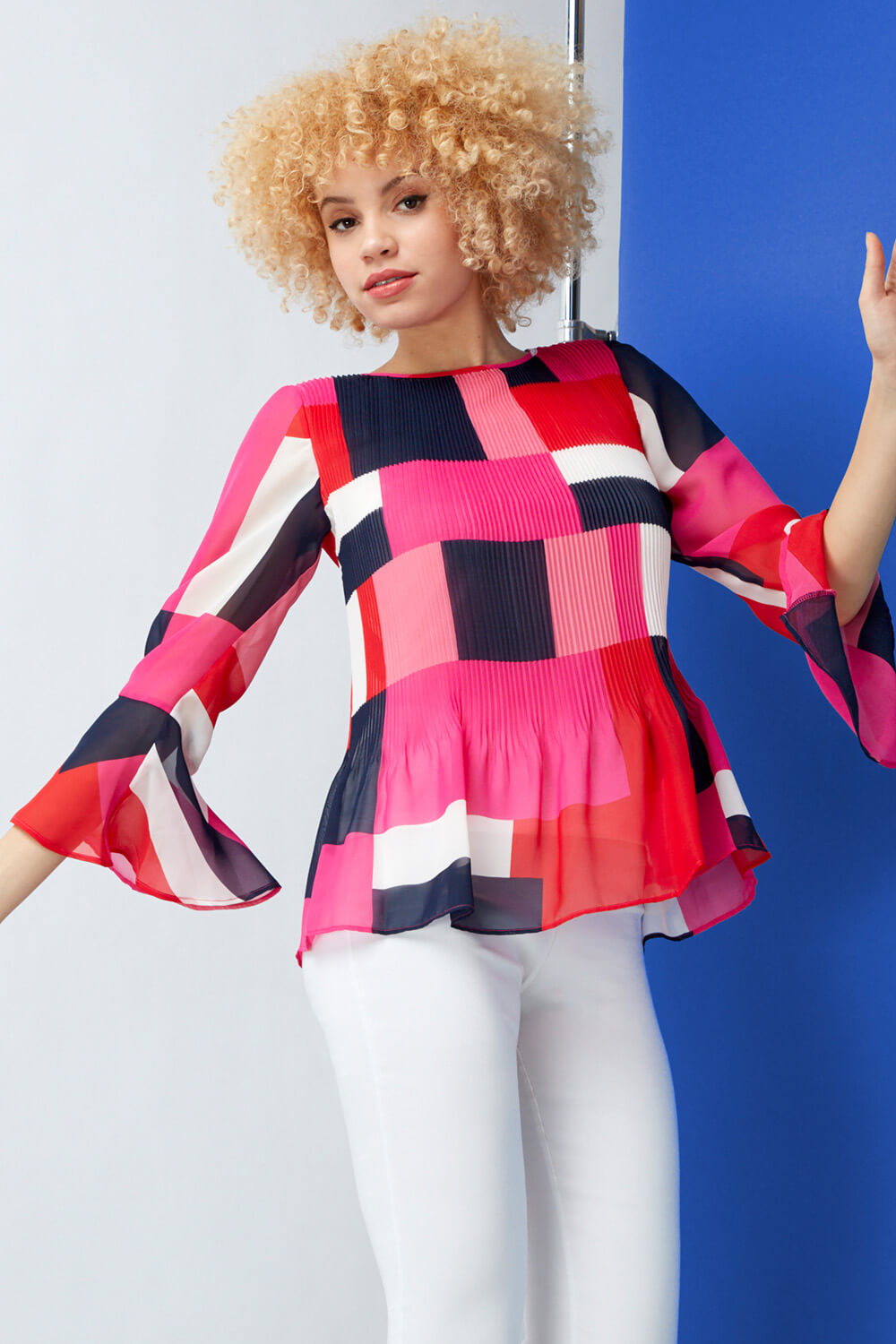 Colour Block Fluted Sleeve Pleated Top