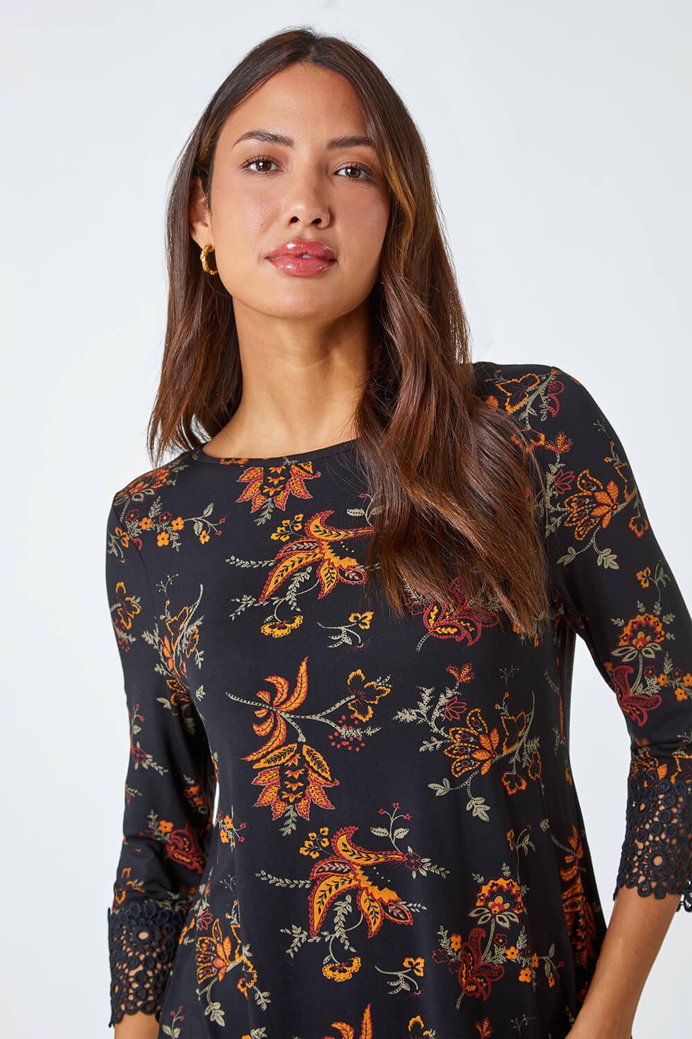 Ochre Paisley Print Lace Trim Stretch Top, Image 4 of 5