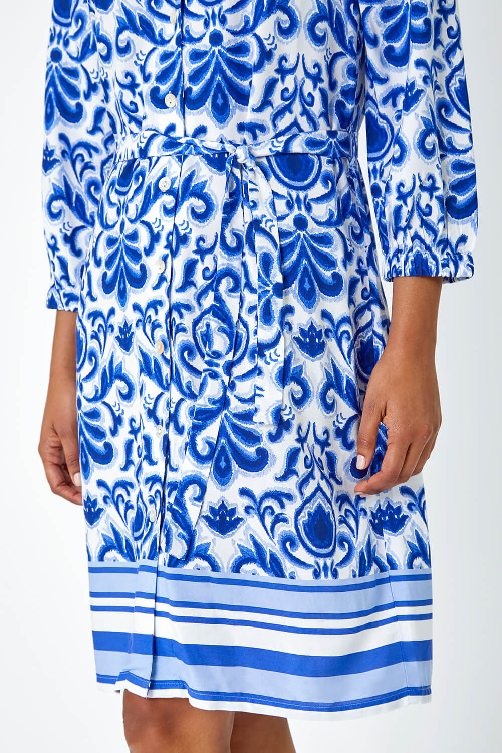 Royal Blue Abstract Border Print Shirt Dress, Image 5 of 5
