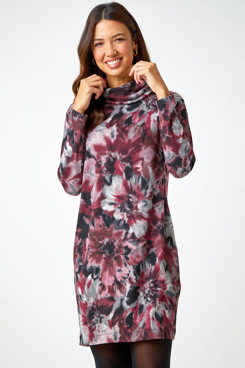 Red Floral Tie Dye Print Tunic Stretch Dress, Image 2 of 5