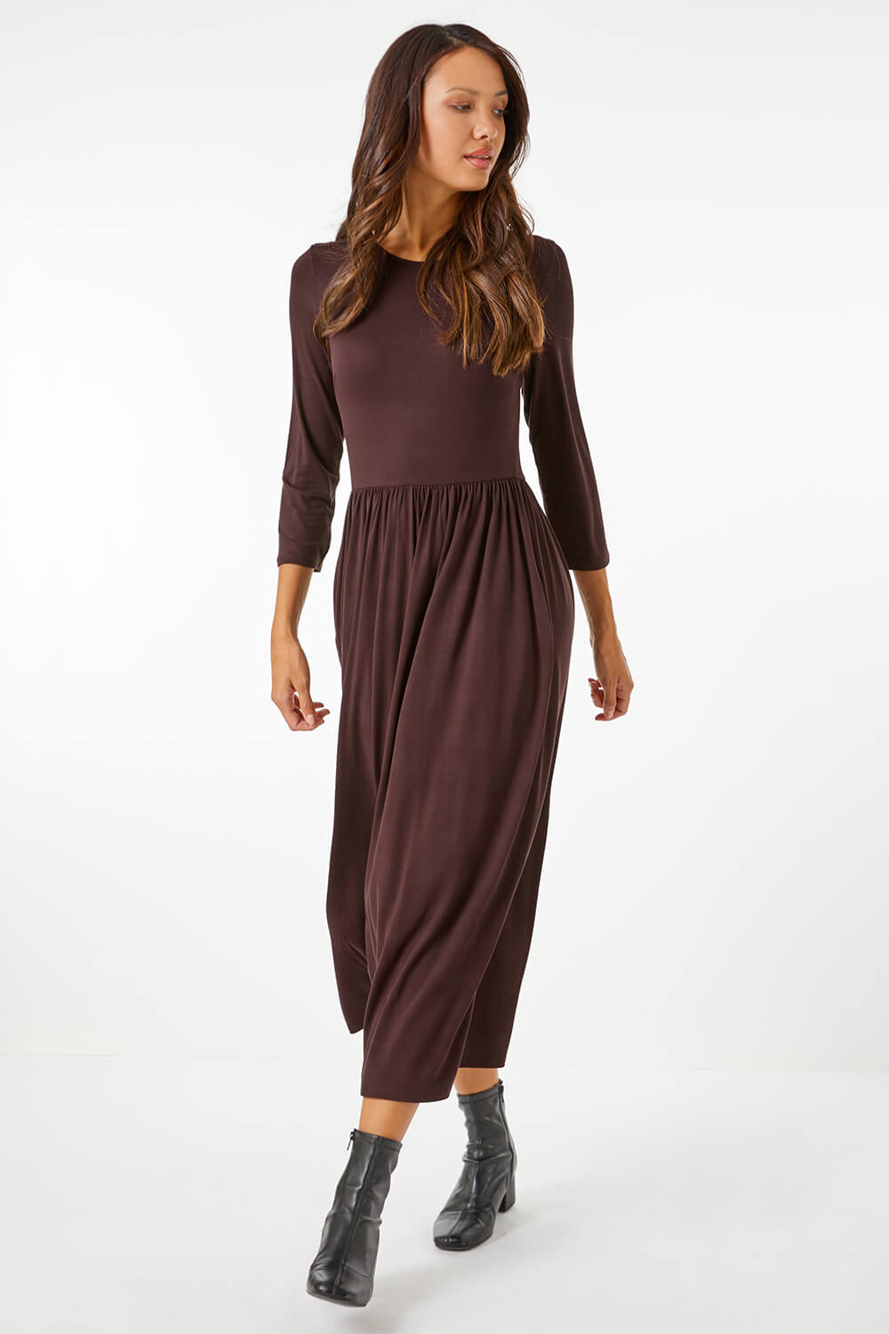 Chocolate Stretch Jersey Pocket Midi Dress, Image 3 of 5