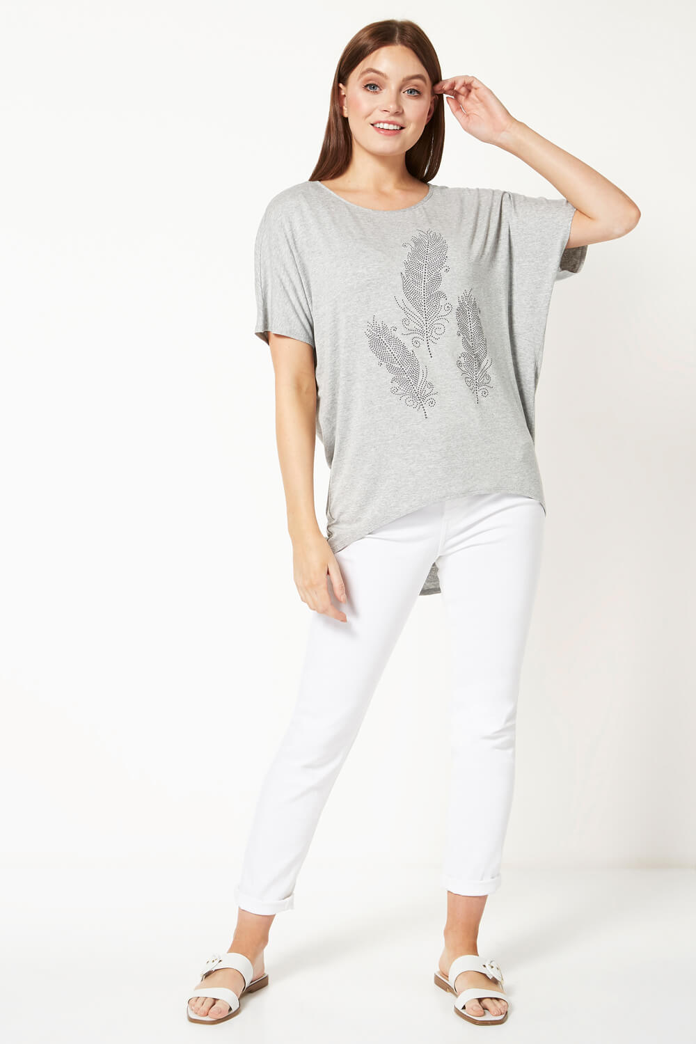 Grey Feather Diamante Embellished T-Shirt, Image 2 of 5