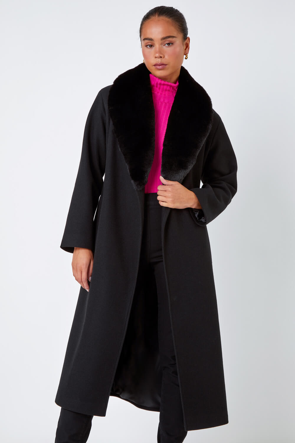 Black Petite Faux Fur Collar Longline Coat, Image 2 of 5