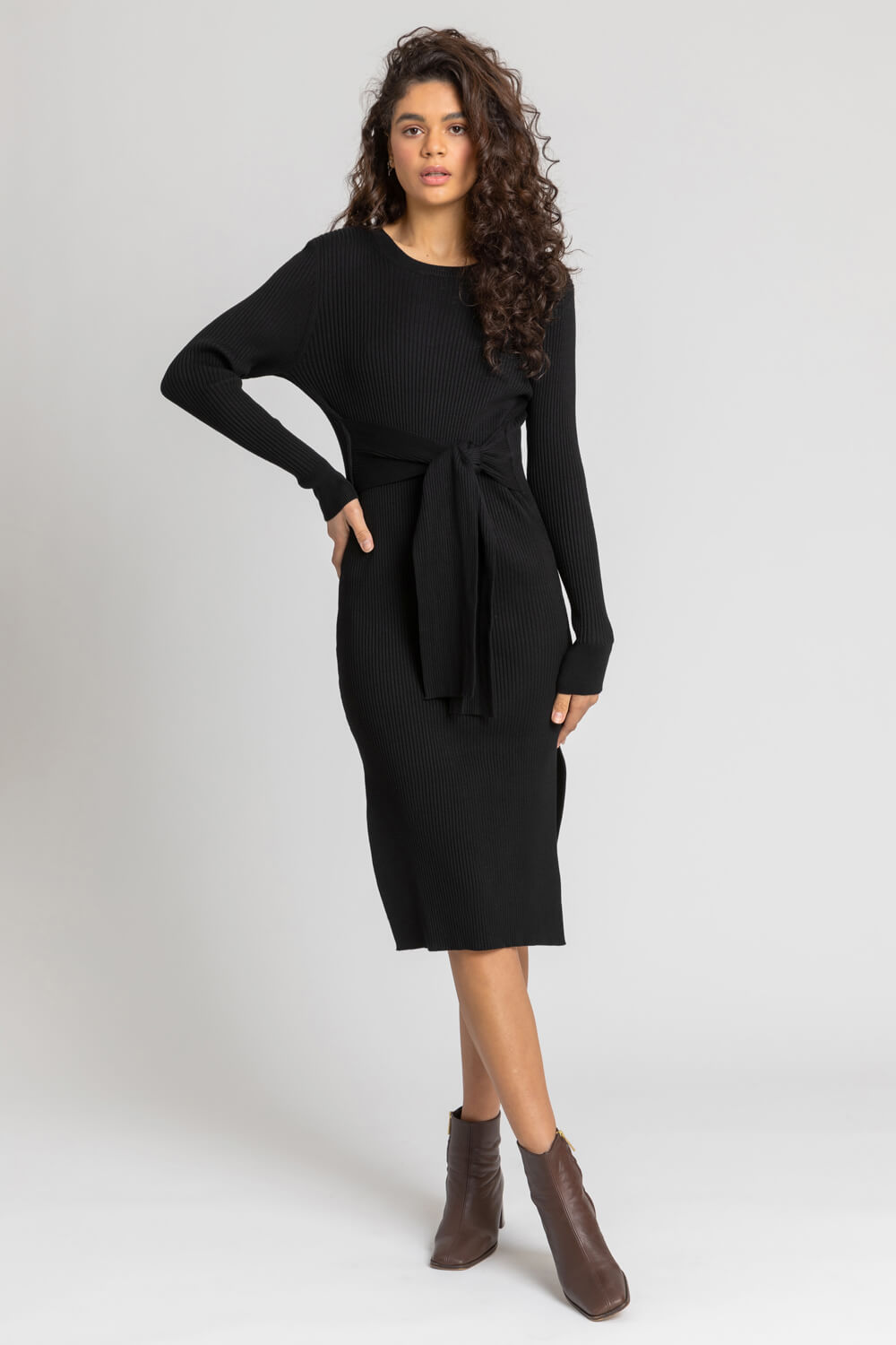 Black Side Split Belted Knit Dress, Image 2 of 5