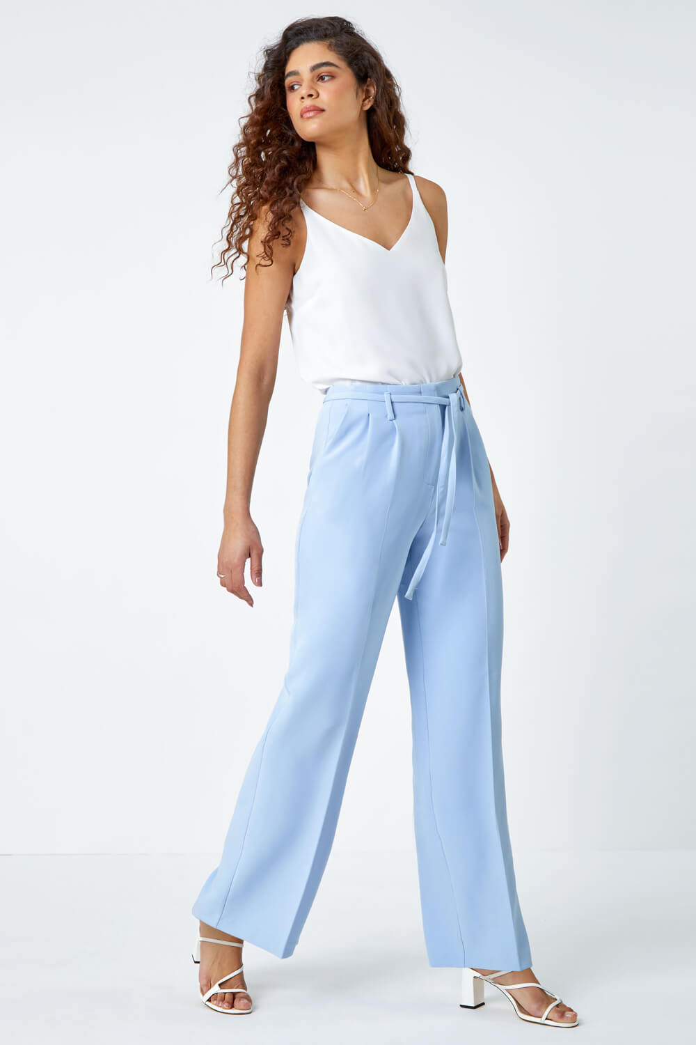 Light Blue  Crepe Stretch Straight Leg Trousers, Image 2 of 7