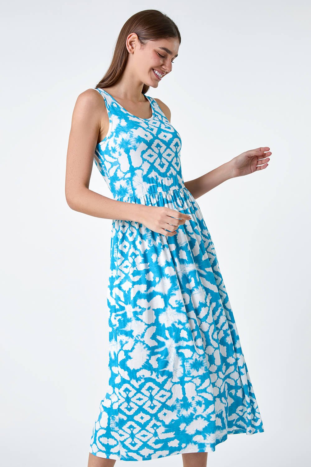 Turquoise Batik Print Stretch Jersey Pocket Dress, Image 2 of 5
