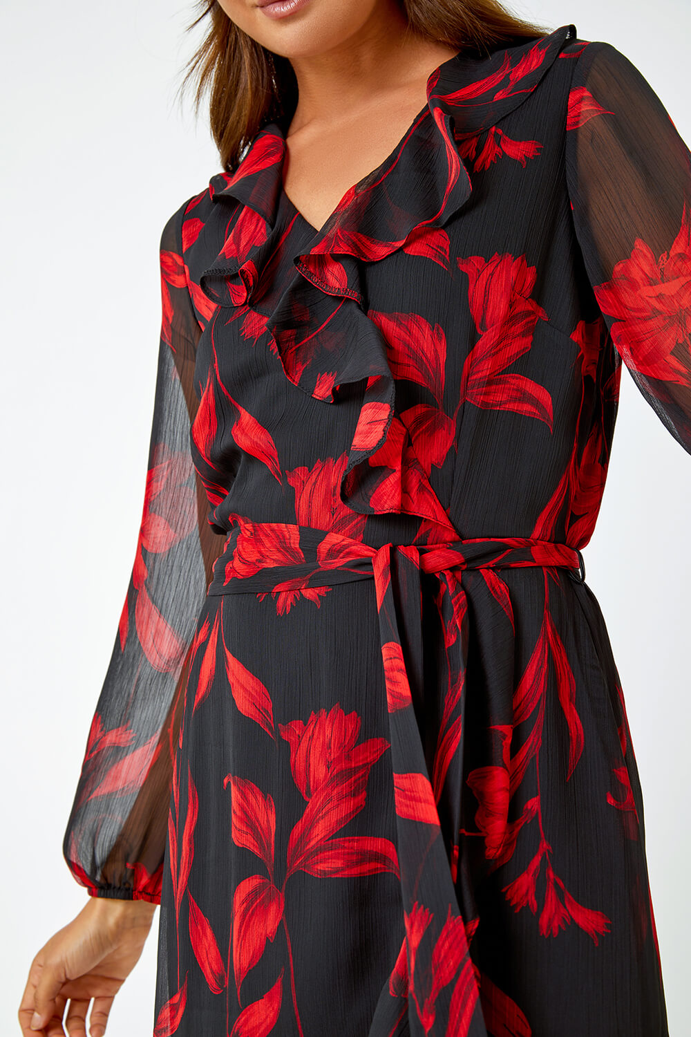 Red Floral Chiffon Frill Wrap Dress, Image 5 of 5