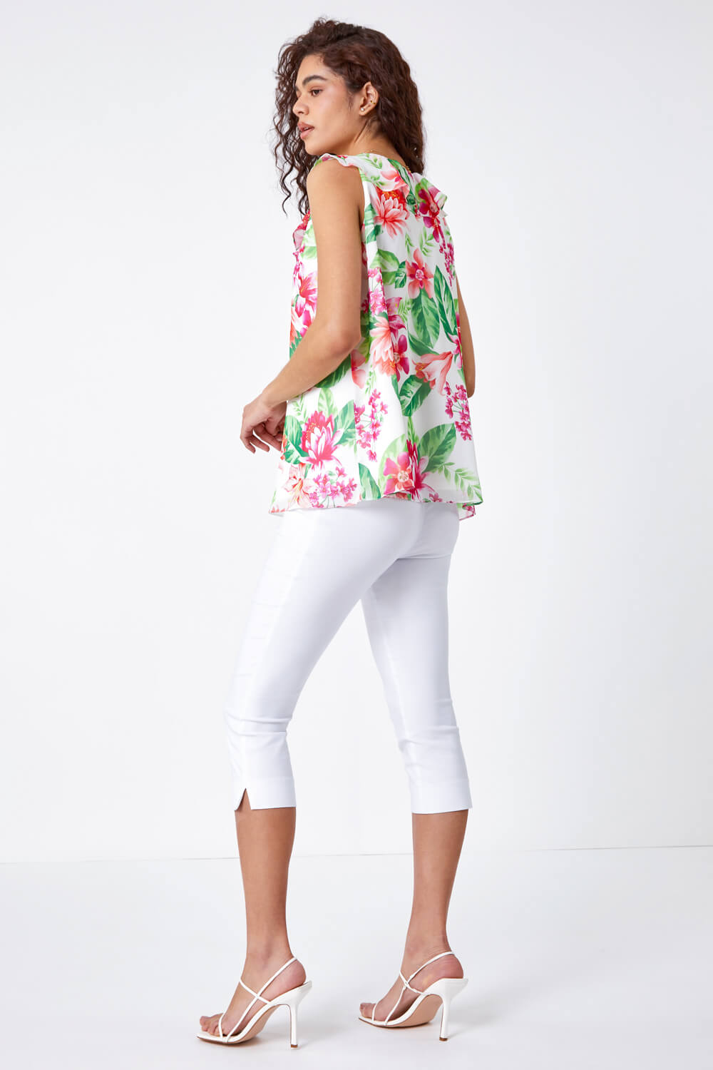 Ivory  Floral Print Ruffle Front Top, Image 3 of 5