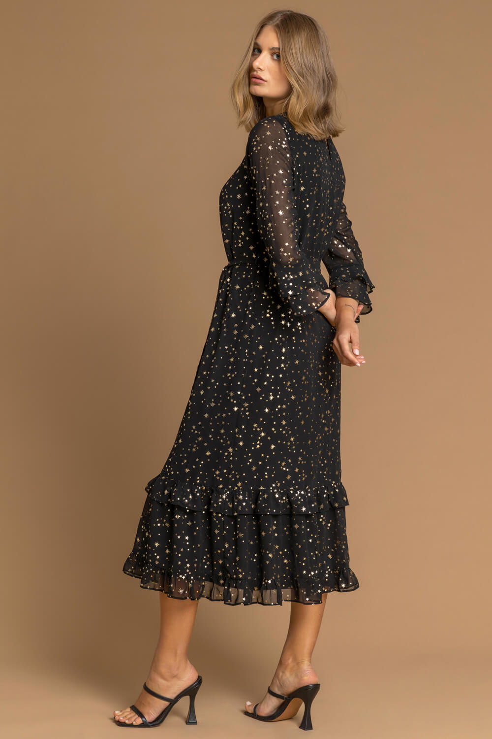 Star Foil Print Frill Dress in Black - Roman Originals UK