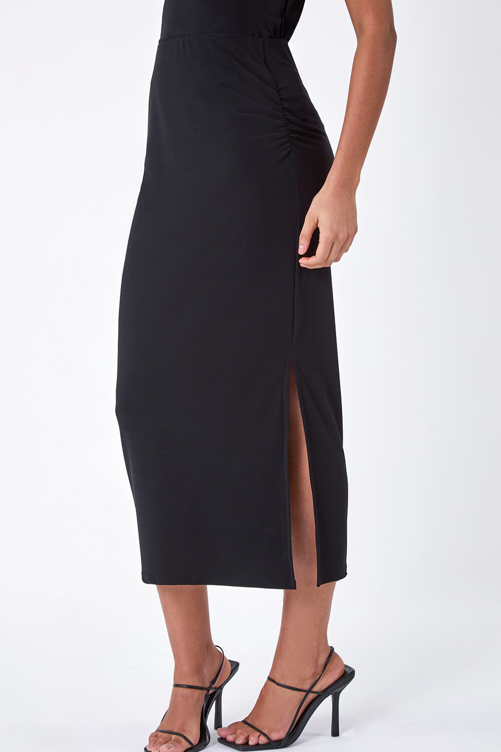 Black Side Ruched Stretch Midi Skirt, Image 4 of 5