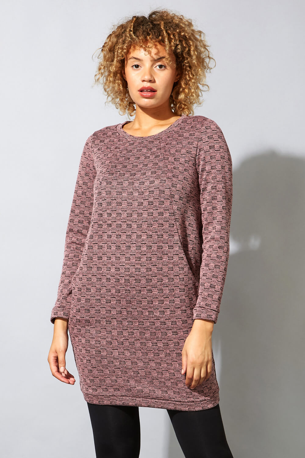 PINK Check Detail Textured Tunic Dress, Image 4 of 5