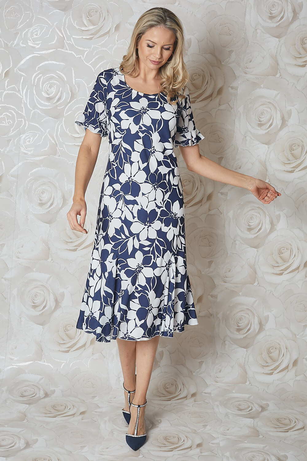 Navy Floral Print Bias Cut Midi Dress | Roman UK