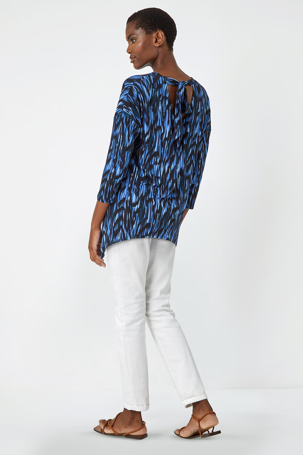 Blue Abstract Print Tie Back Stretch Top , Image 4 of 5