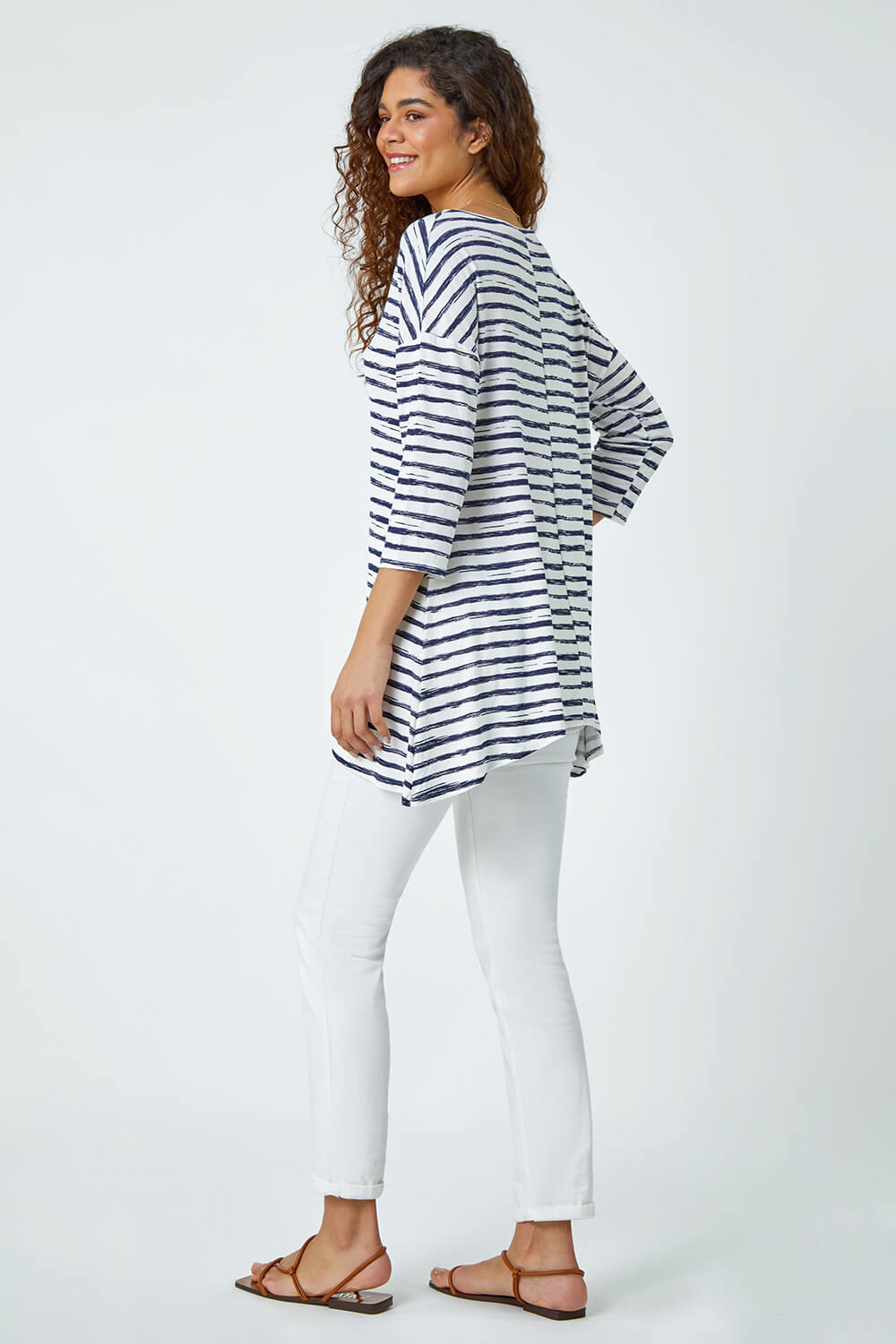 Navy  Abstract Stripe Print Stretch Top, Image 3 of 5