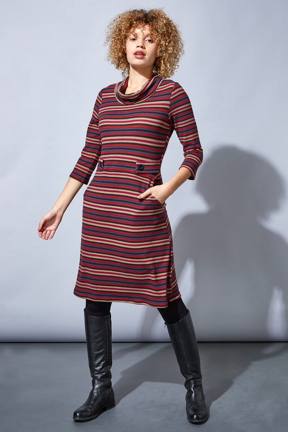 Rust Stripe Cowl Neck Button Detail Dress, Image 2 of 4