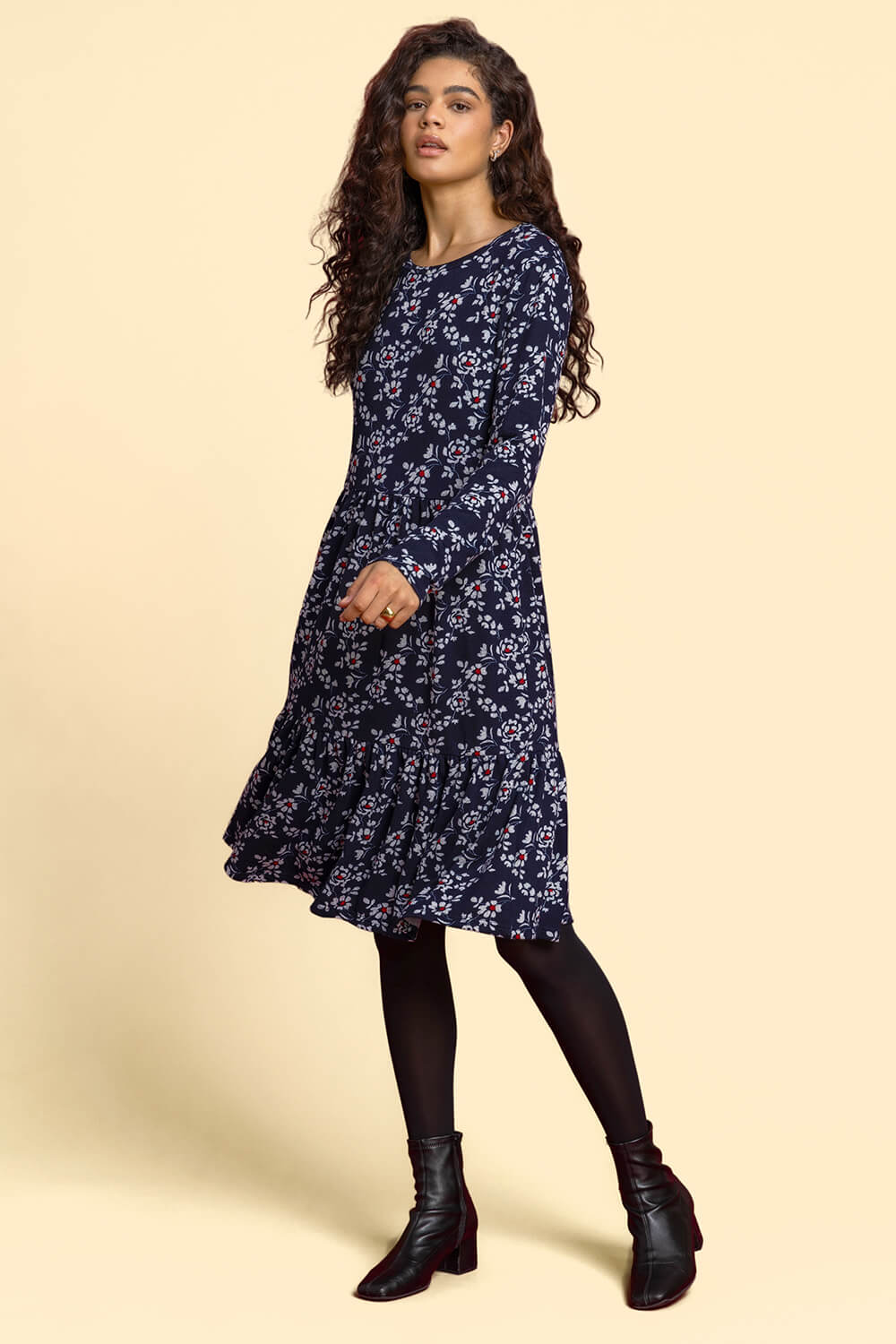 Navy  Floral Print Tiered Dress, Image 3 of 4