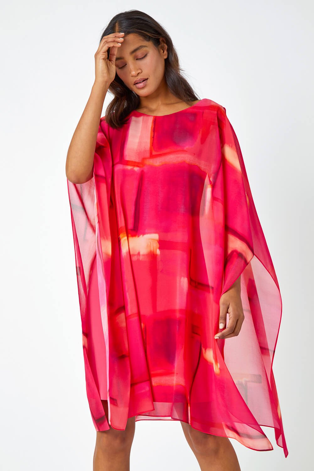 PINK Abstract Print Chiffon Overlay Dress, Image 2 of 5