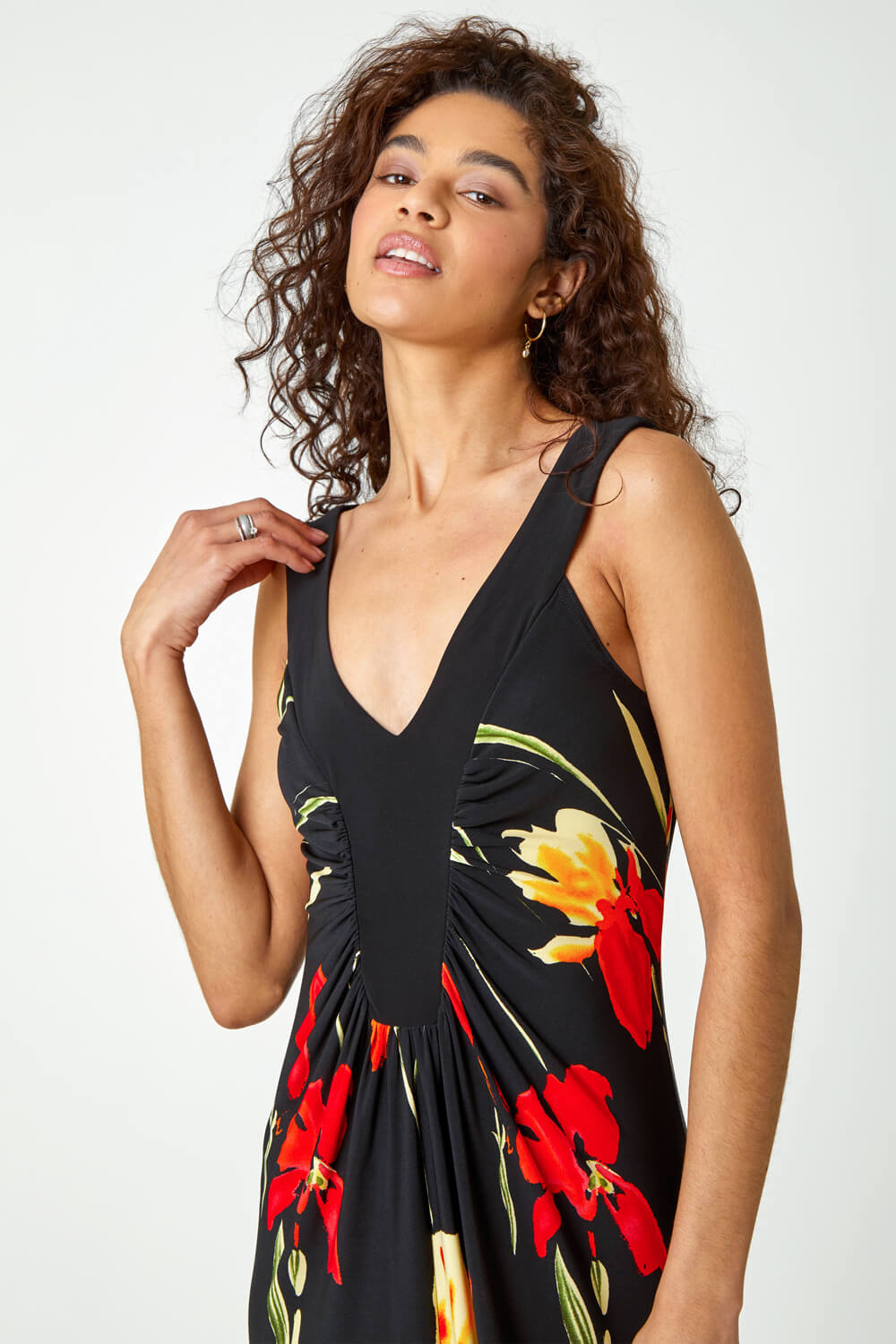 Black Floral Stretch Jersey Maxi Dress, Image 4 of 6
