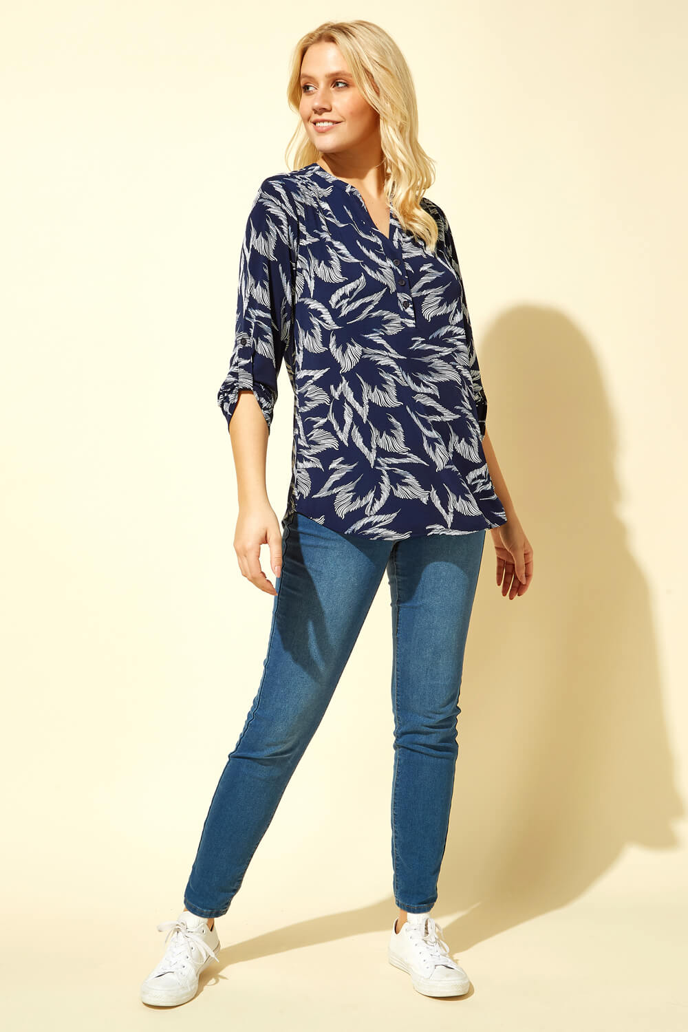 Navy  Leaf Puff Print Button Front 3/4 SleeveTop, Image 3 of 5